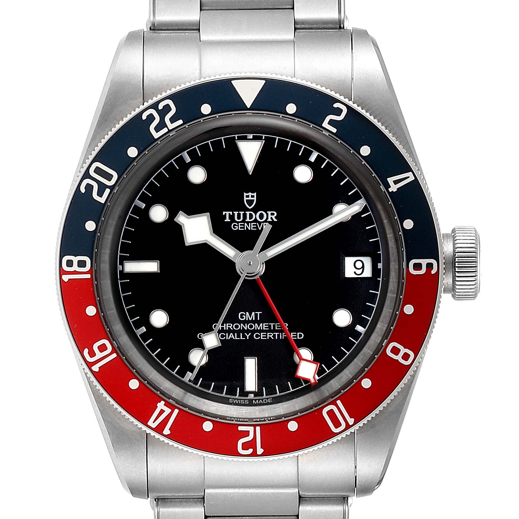 The image shows a front view of the Tudor Heritage Black Bay 79830RB Men
s Stainless Steel Black Dial 79830RB Men
s Stainless Steel Black Dial watch, highlighting its dial, bezel, and bracelet.