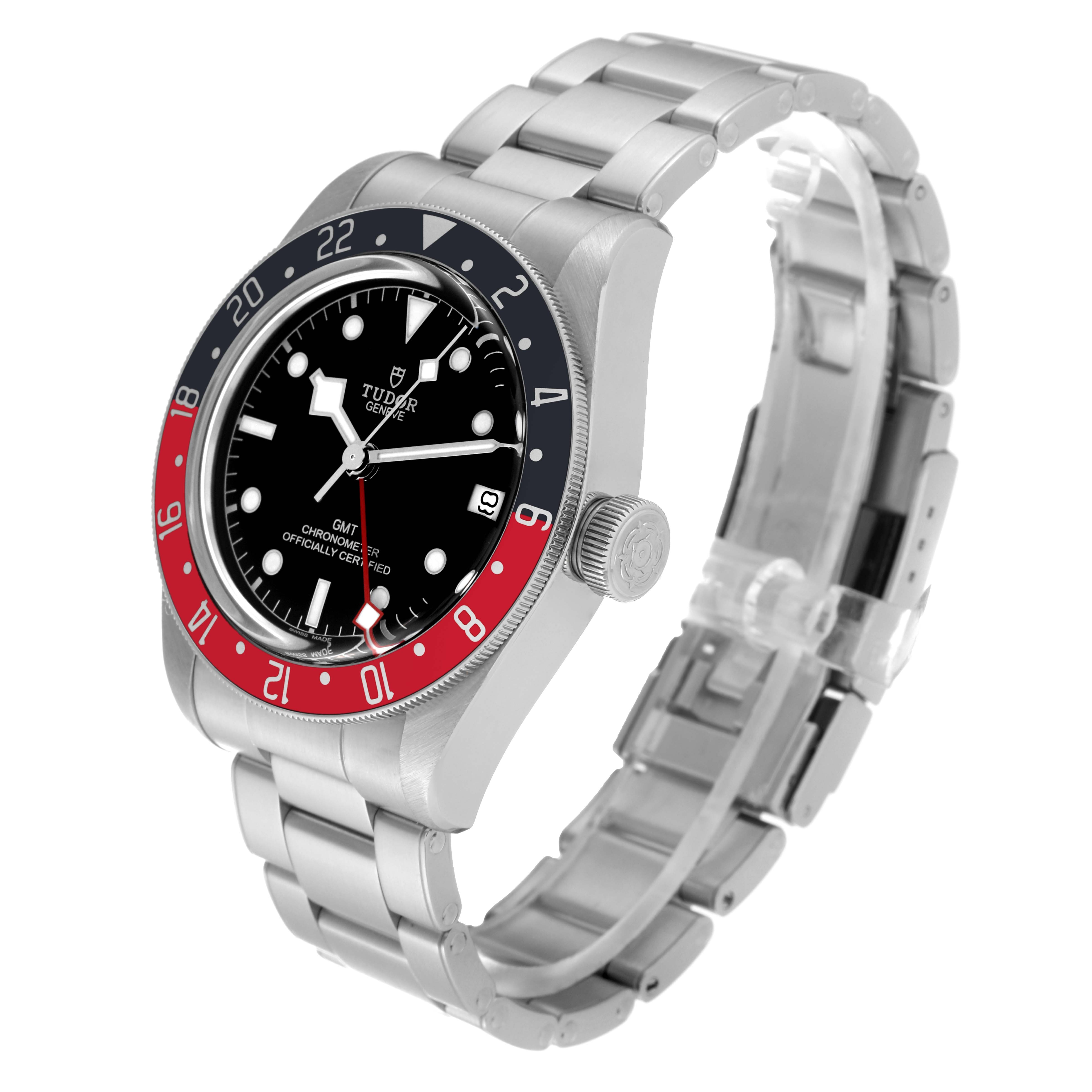 The image shows the Tudor Heritage Black Bay 79830RB Men's Stainless Steel Black Dial 79830RB Men's Stainless Steel Black Dial watch at a three-quarter angle, highlighting its face, bezel, and bracelet.