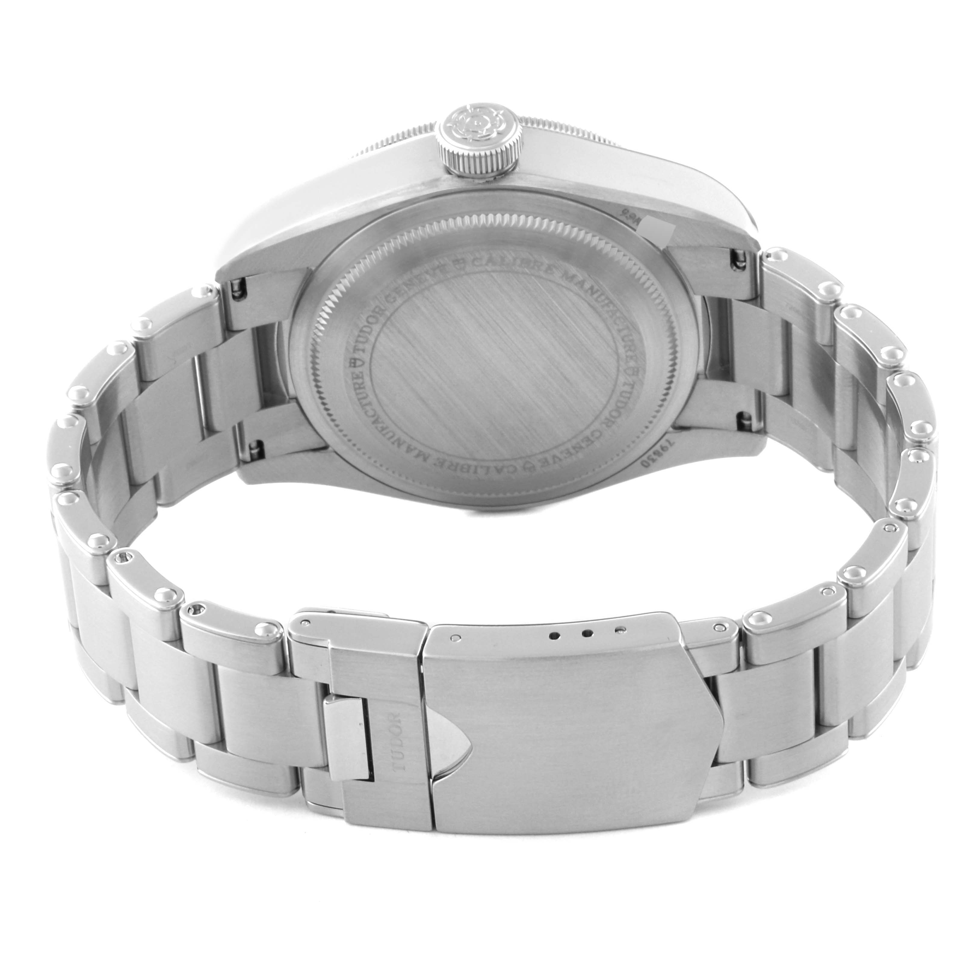 This image shows the case back and bracelet clasp of a Tudor Heritage Black Bay 79830RB Men's Stainless Steel Black Dial 79830RB Men's Stainless Steel Black Dial watch from a rear angle.