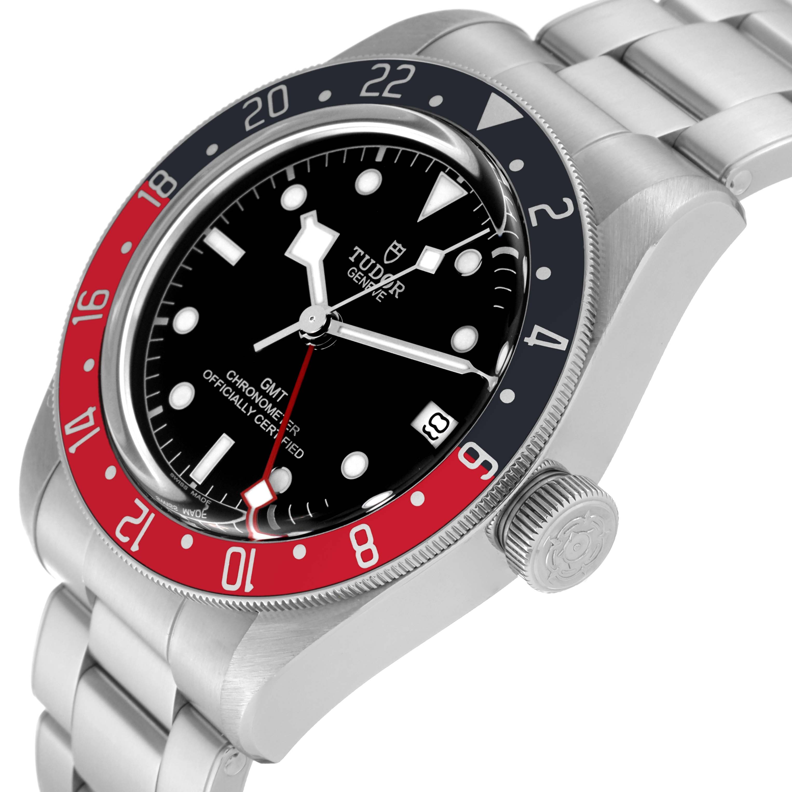 The image shows the Tudor Heritage Black Bay 79830RB Men's Stainless Steel Black Dial 79830RB Men's Stainless Steel Black Dial watch at a slight angle, displaying its face, bezel, crown, and part of the bracelet.