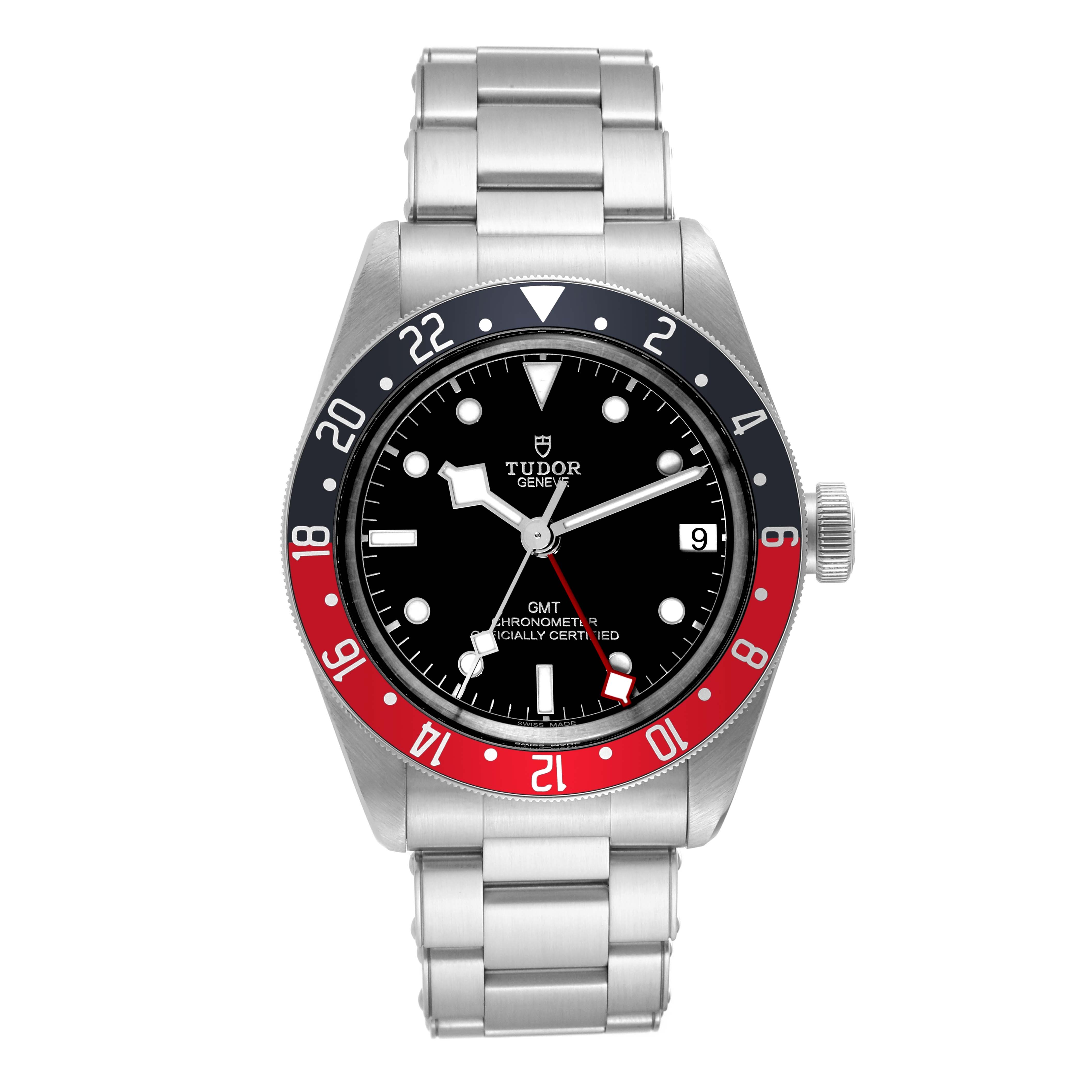 The image shows a front view of the Tudor Heritage Black Bay 79830RB Men's Stainless Steel Black Dial 79830RB Men's Stainless Steel Black Dial watch, highlighting the bezel, dial, hands, and date window.