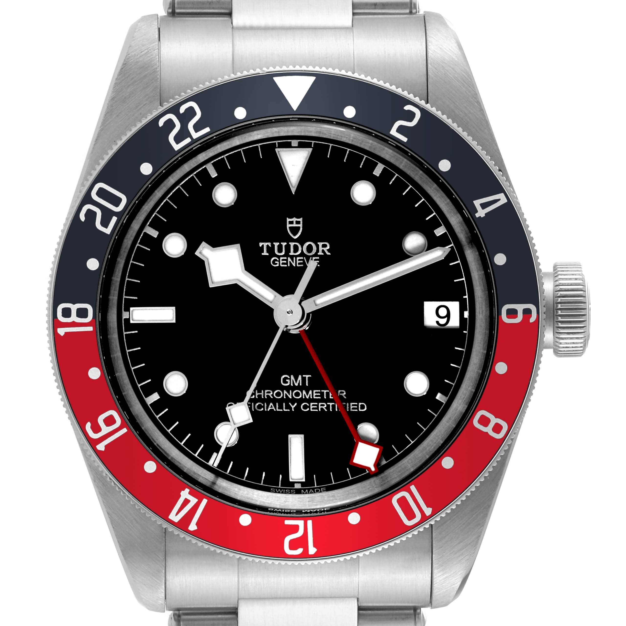 The image shows a front view of the Tudor Heritage Black Bay 79830RB Men's Stainless Steel Black Dial 79830RB Men's Stainless Steel Black Dial GMT watch, highlighting its black dial, dual-colored bezel, and stainless steel bracelet.