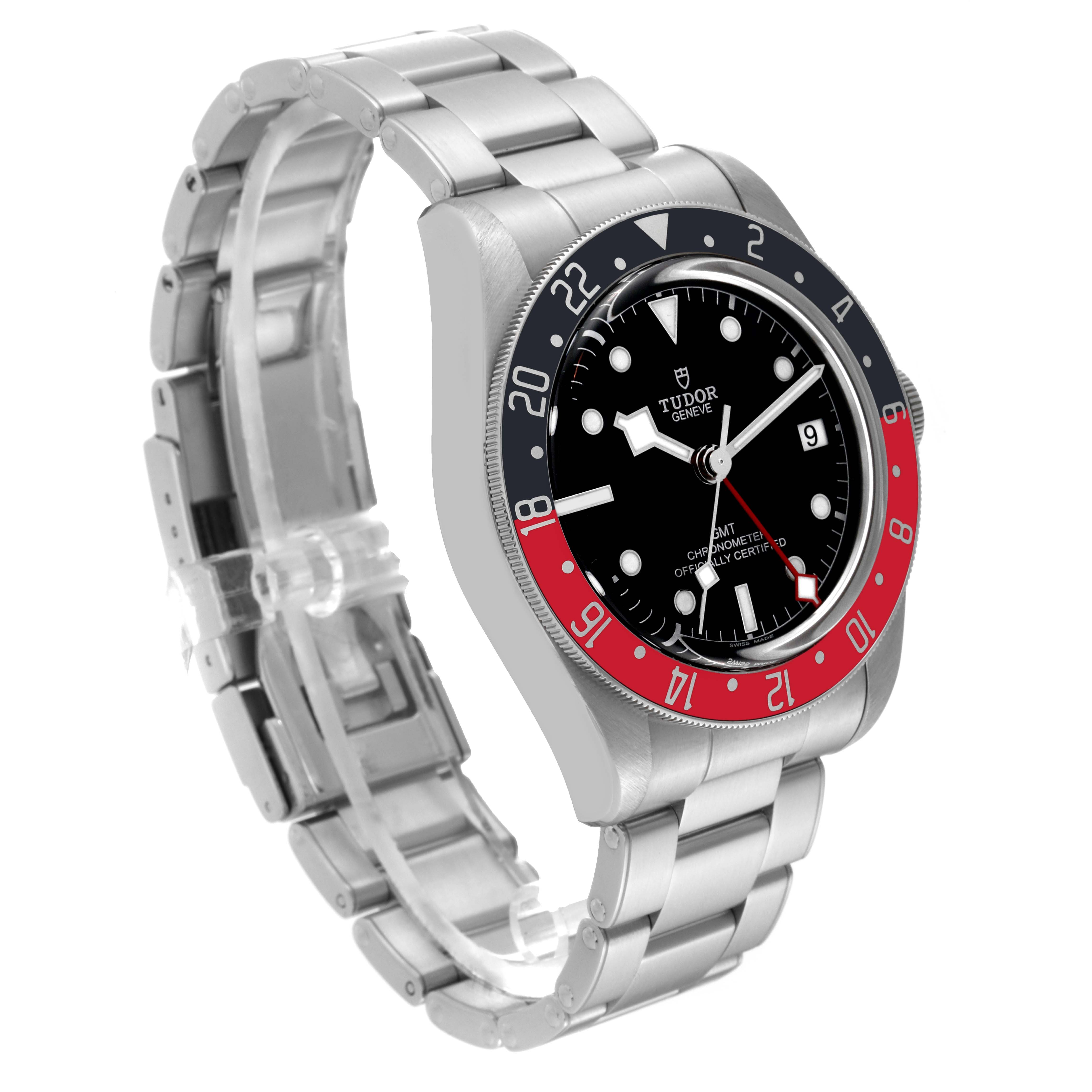 This image shows a Tudor Heritage Black Bay 79830RB Men's Stainless Steel Black Dial 79830RB Men's Stainless Steel Black Dial watch, angled to display the face, bezel, crown, and stainless steel bracelet.