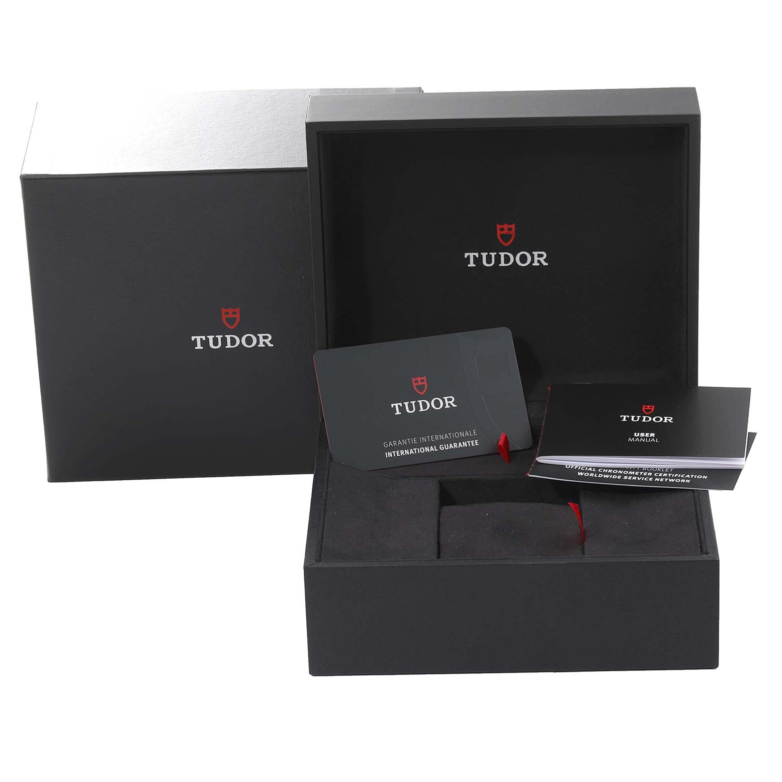 The image shows the box, warranty card, and user manual for the Tudor Heritage Black Bay 79830RB Men's Stainless Steel Black Dial 79830RB Men's Stainless Steel Black Dial watch.