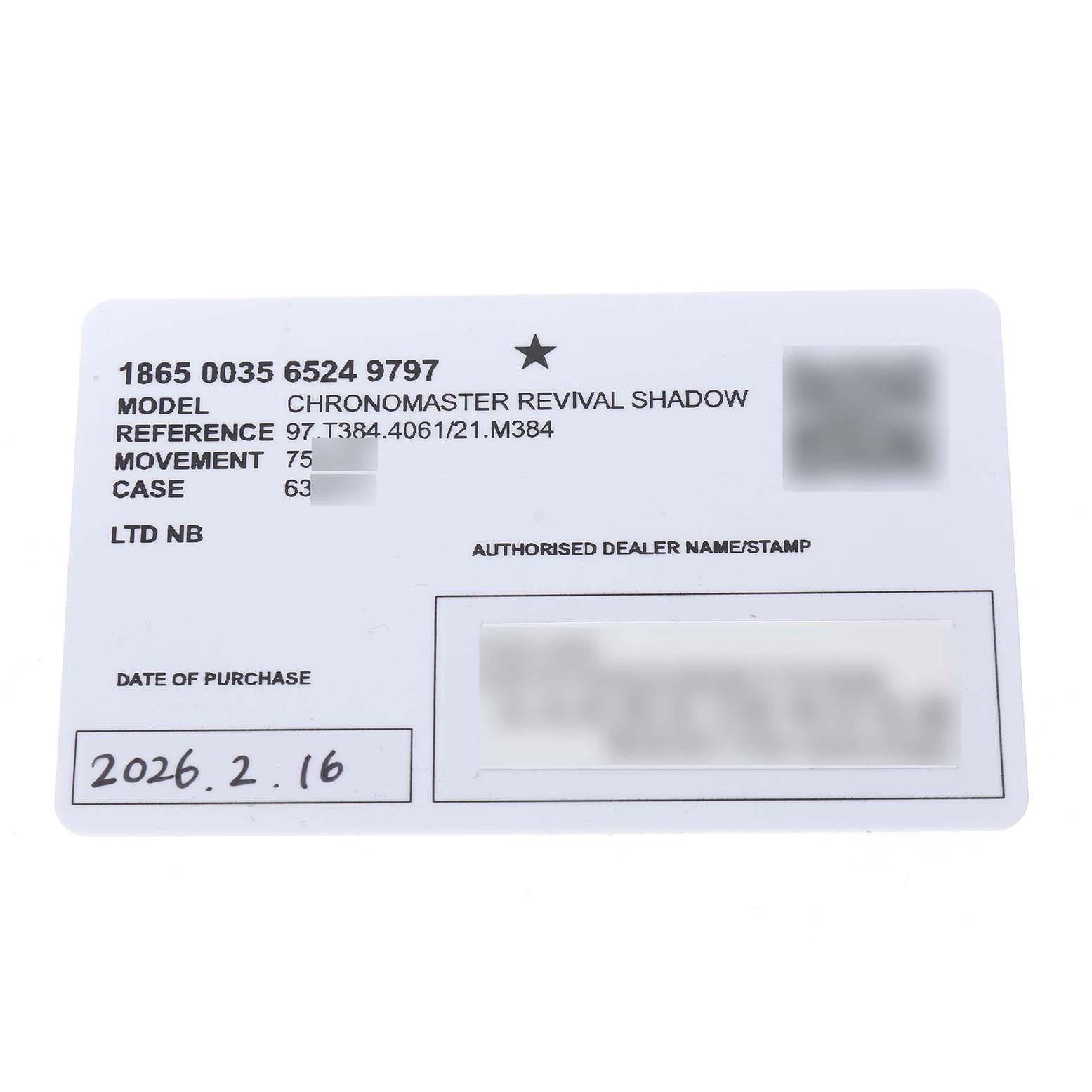 The image shows a warranty card for the Zenith Chronomaster 97.T384.4061/21.M384 Men's Titanium Black Dial Revival Shadow watch, providing model, reference, and purchase date details.