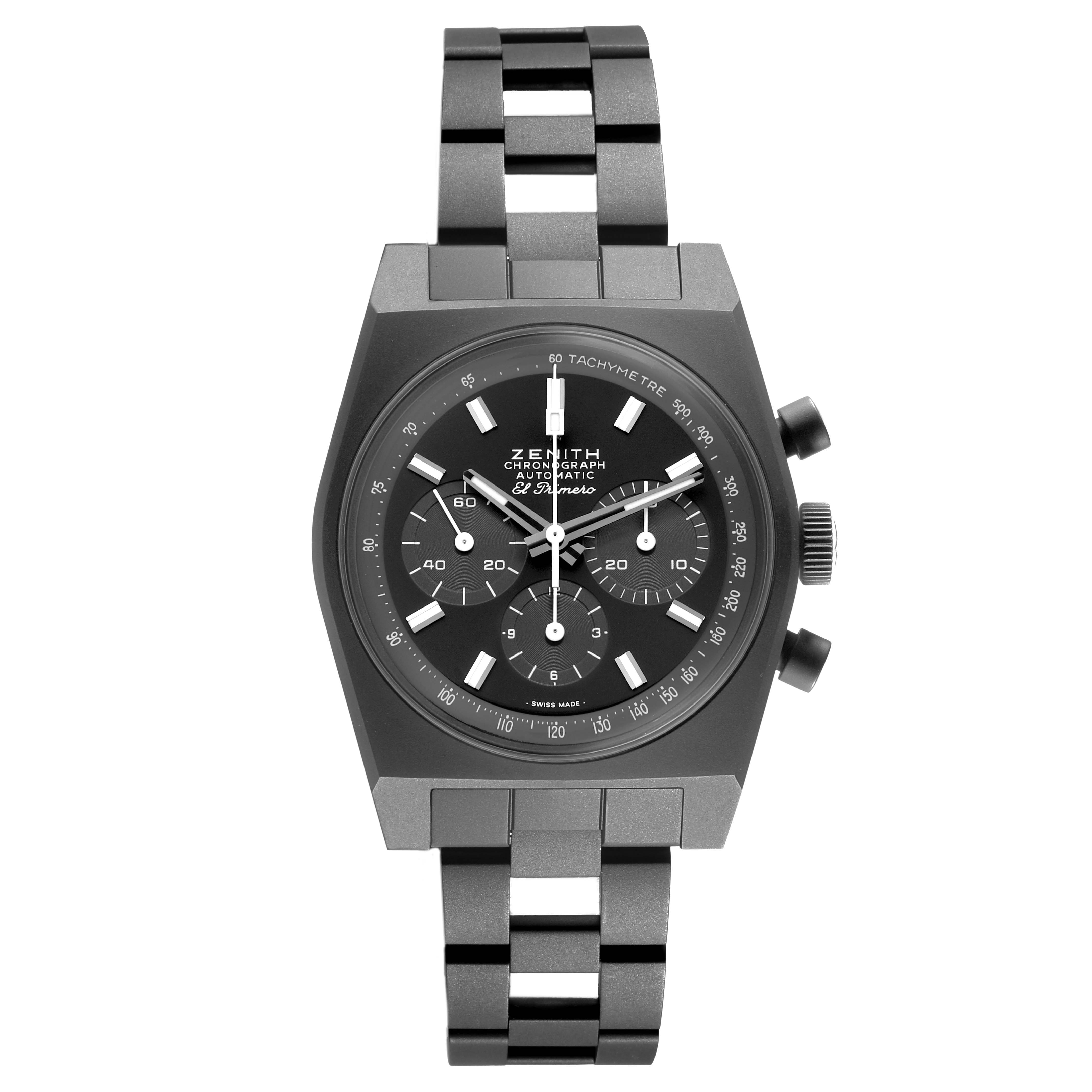 The Zenith Chronomaster 97.T384.4061/21.M384 Men's Titanium Black Dial watch is shown from a front angle, highlighting the face, bezel, and bracelet.