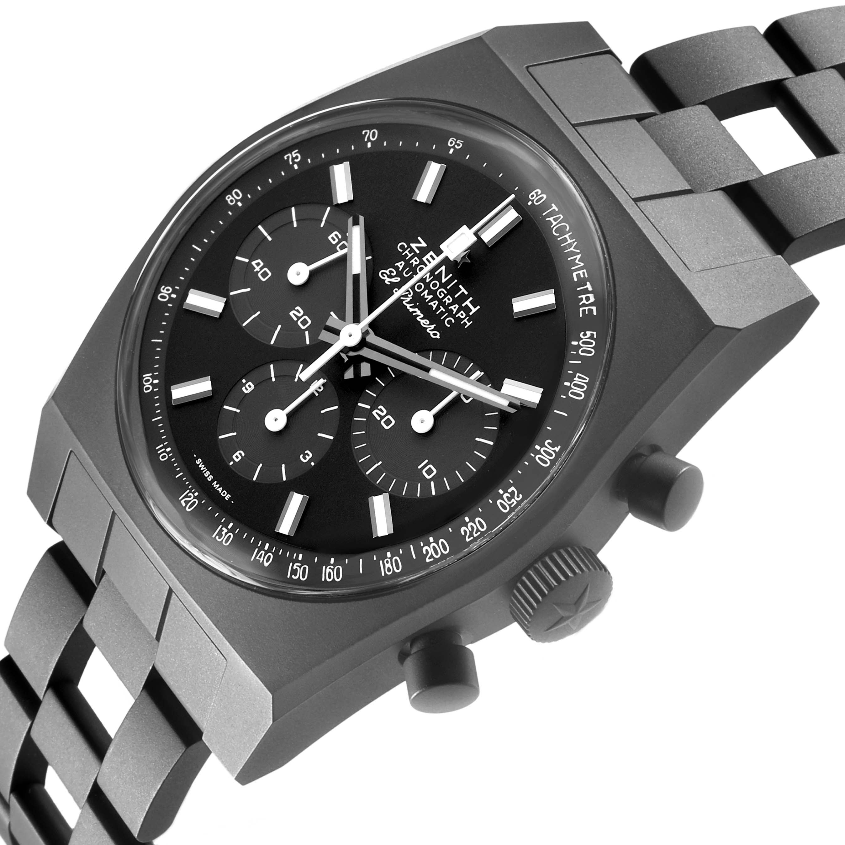 The Zenith Chronomaster 97.T384.4061/21.M384 Men's Titanium Black Dial watch is shown at an oblique angle, highlighting the dial, bezel, pushers, and bracelet.