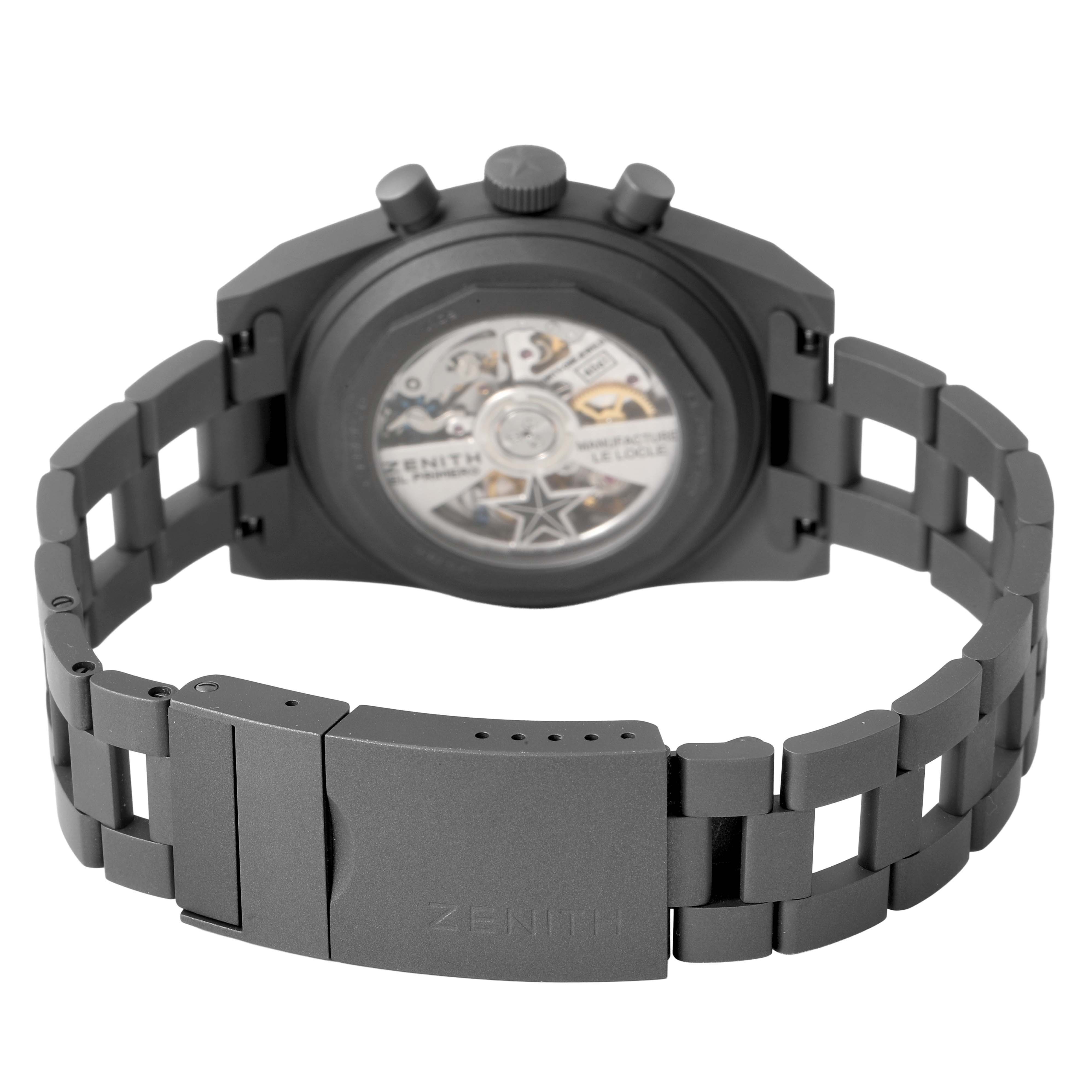 The image shows the back view of a Zenith Chronomaster 97.T384.4061/21.M384 Men's Titanium Black Dial watch, displaying the open case back and bracelet clasp.