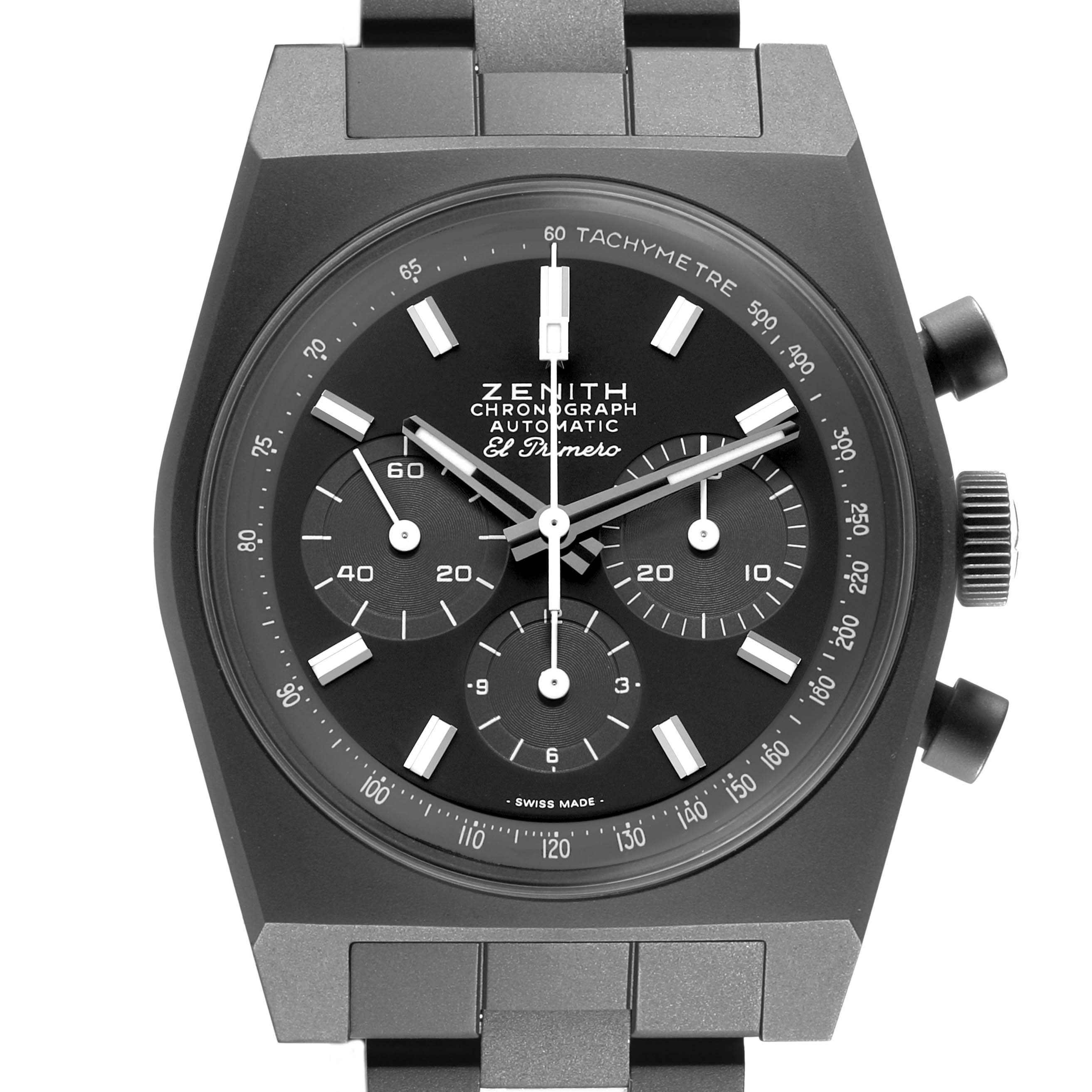 The Zenith Chronomaster 97.T384.4061/21.M384 Men's Titanium Black Dial watch is shown from the front, displaying the dial, hands, subdials, and part of the bracelet.