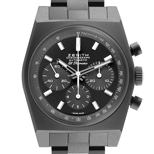 The Zenith Chronomaster 97.T384.4061/21.M384 Men's Titanium Black Dial watch is shown from the front, highlighting the dial, subdials, and tachymeter scale.