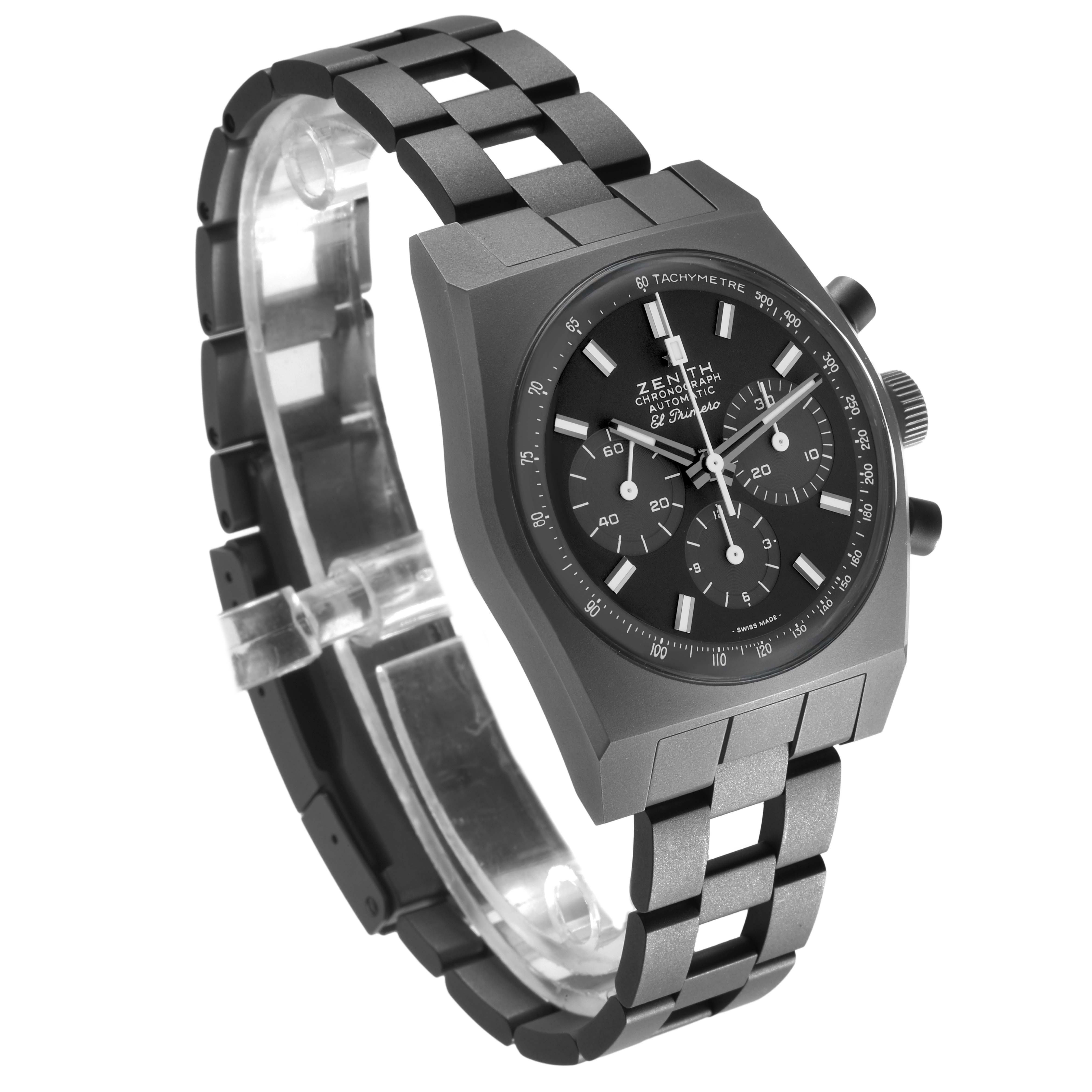 The Zenith Chronomaster 97.T384.4061/21.M384 Men's Titanium Black Dial watch is shown at a three-quarter angle, displaying the dial, tachymeter bezel, and full bracelet.