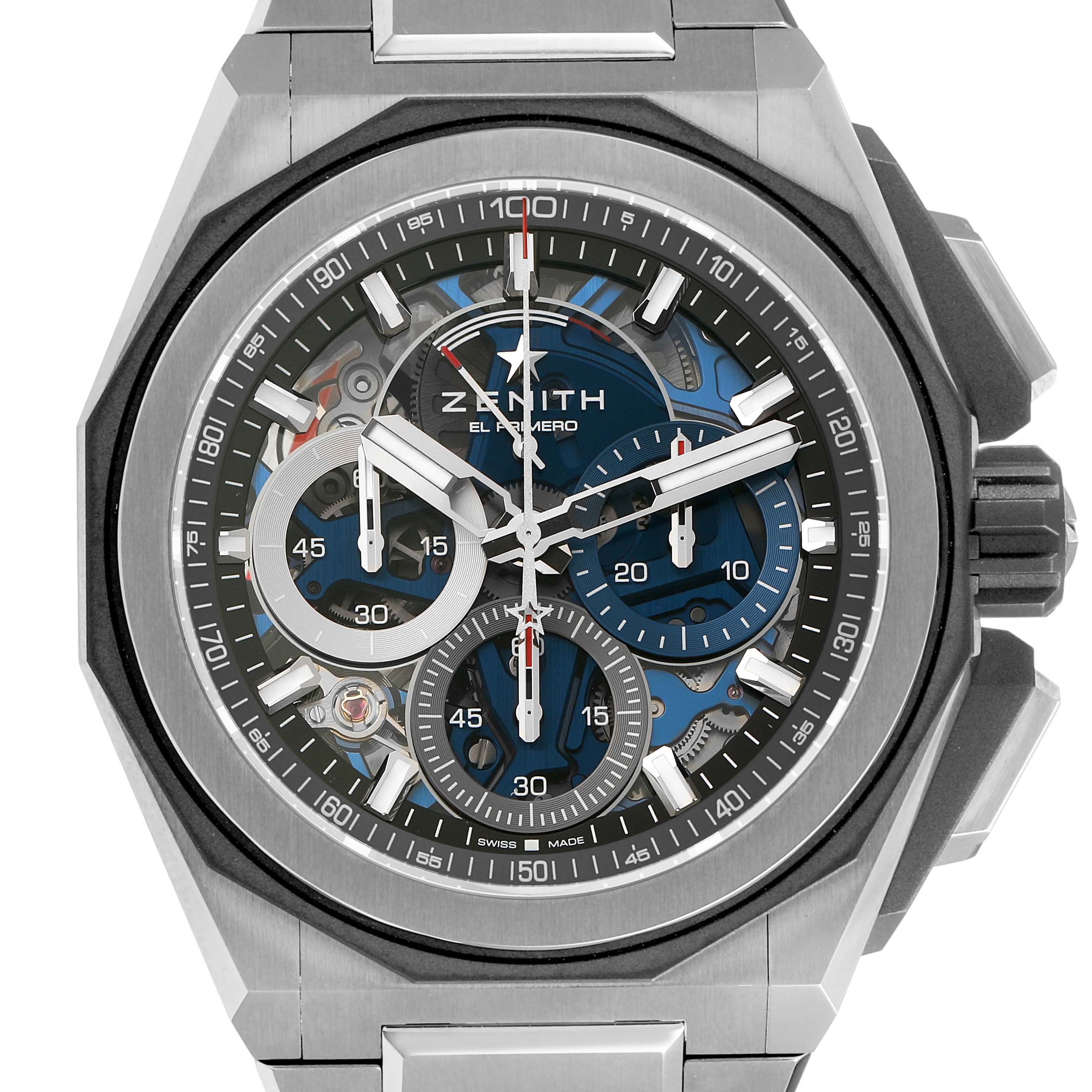 The Zenith Defy 95.9100.9004/01.I001 Men's Titanium Blue Dial watch is shown in a front view, highlighting the dial, chronograph subdials, and case details.