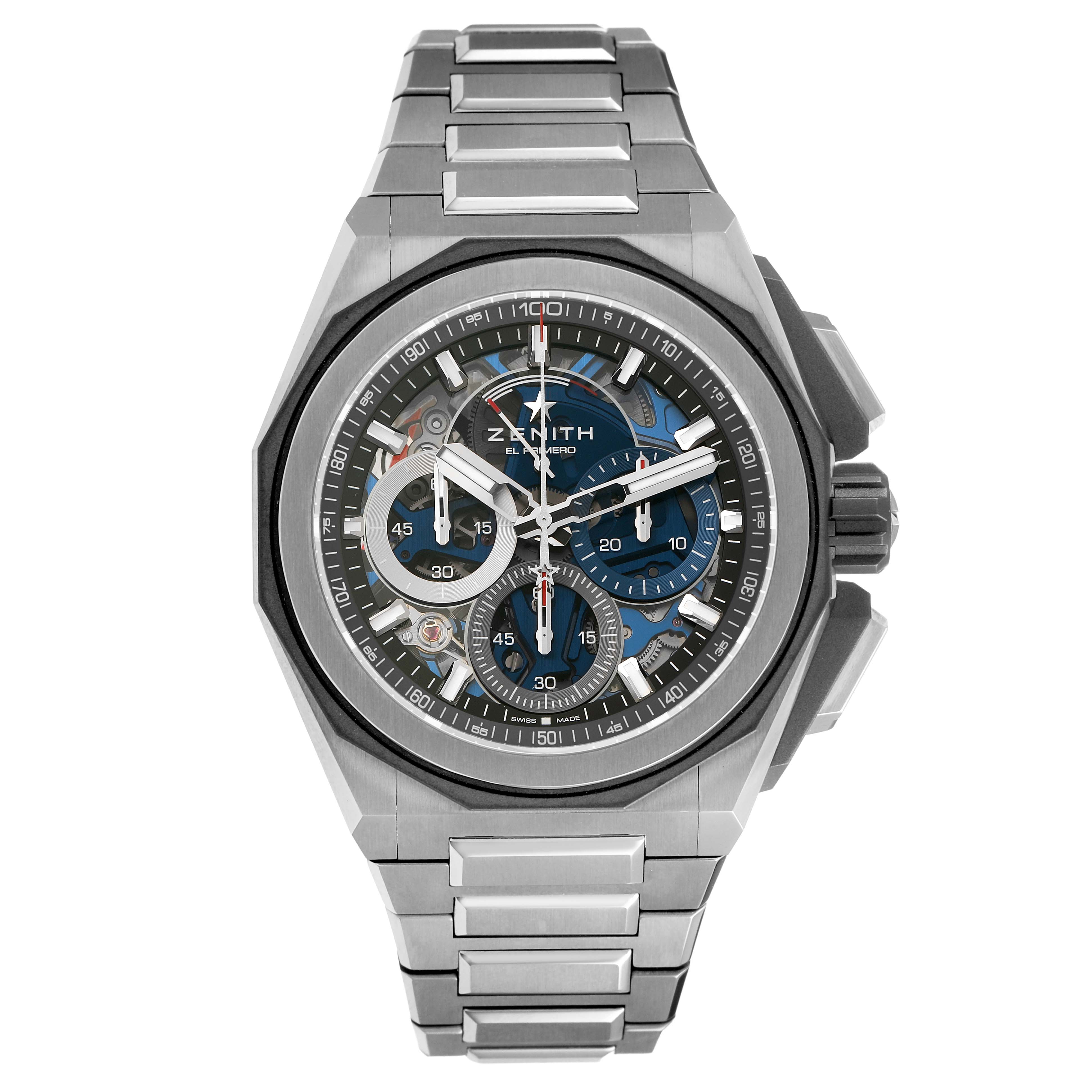 The Zenith Defy 95.9100.9004/01.I001 Men's Titanium Blue Dial watch is shown from the front, displaying the face, bezel, dial, and bracelet.