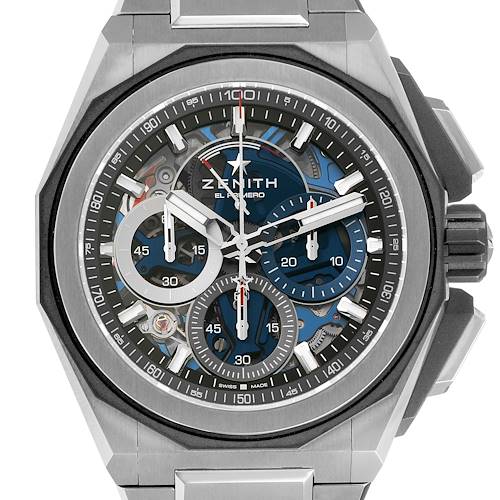 The Zenith Defy 95.9100.9004/01.I001 Men's Titanium Blue Dial watch is shown from a front angle, highlighting the dial, subdials, and crown.