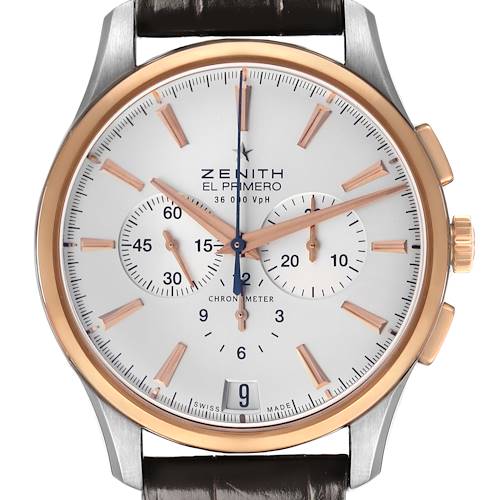 The Zenith El Primero 51.2112.400/01.C498 Men's Steel and Gold (two tone) Silver Dial watch is shown from a front angle, featuring the dial, subdials, hands, and crown.