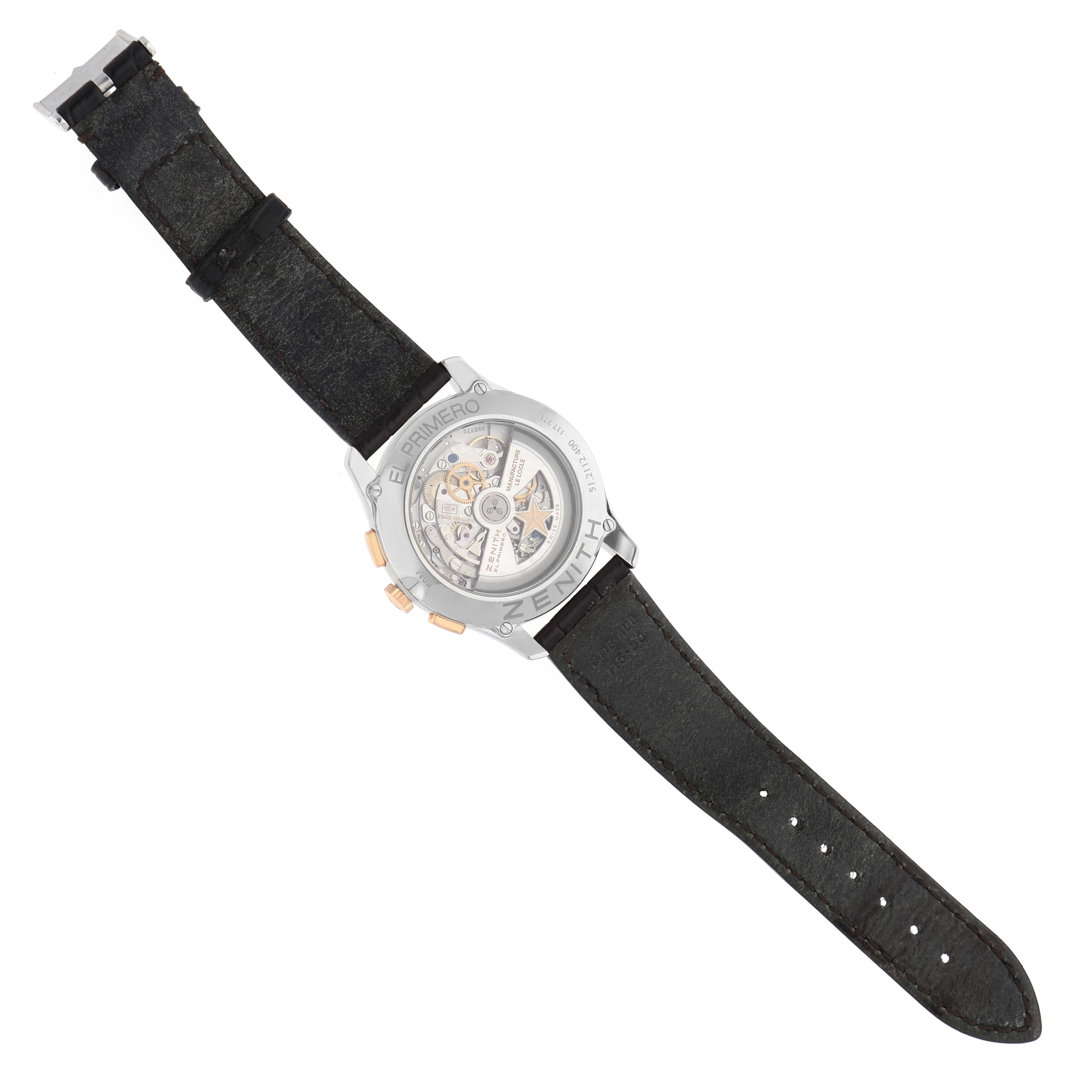 The image shows the back view of a Zenith El Primero 51.2112.400/01.C498 Men's Steel and Gold (two tone) Silver Dial watch, highlighting the exposed movement and black leather strap.