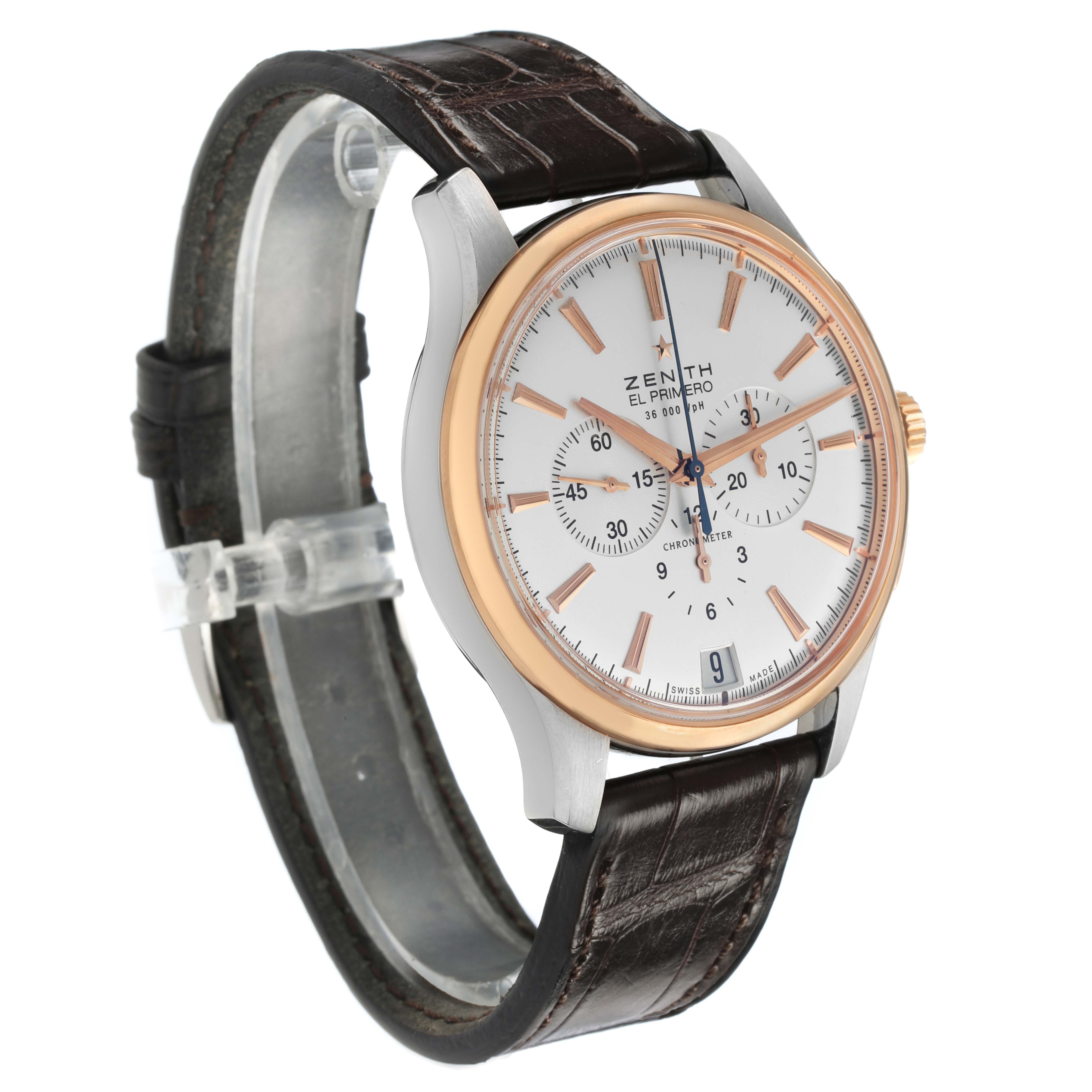 The Zenith El Primero 51.2112.400/01.C498 Men's Steel and Gold (two tone) Silver Dial watch is shown at a three-quarter angle, highlighting the dial, bezel, and leather strap.