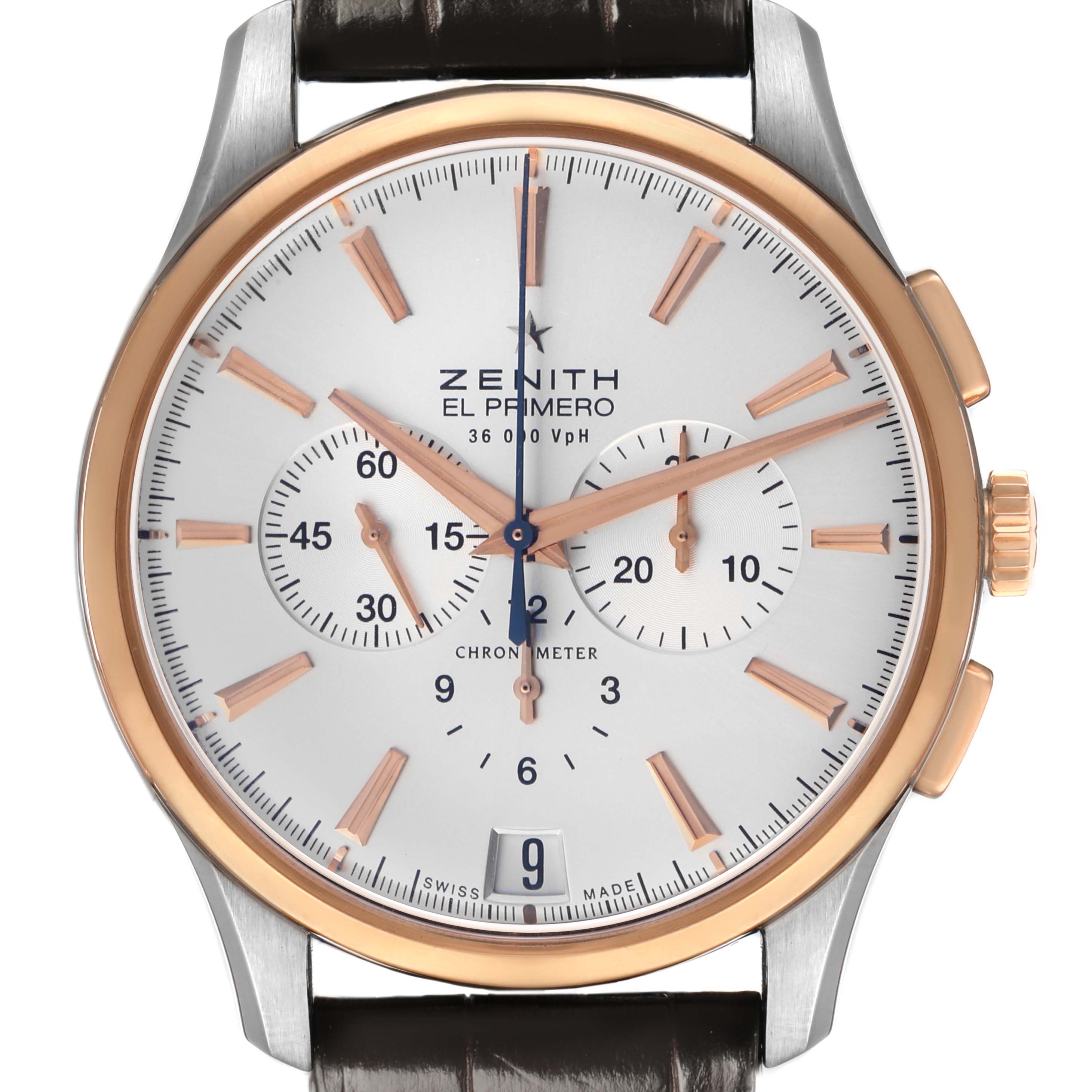 The Zenith El Primero 51.2112.400/01.C498 Men's Steel and Gold (two tone) Silver Dial watch is shown from the front, displaying the dial, hands, subdials, and part of the leather strap.