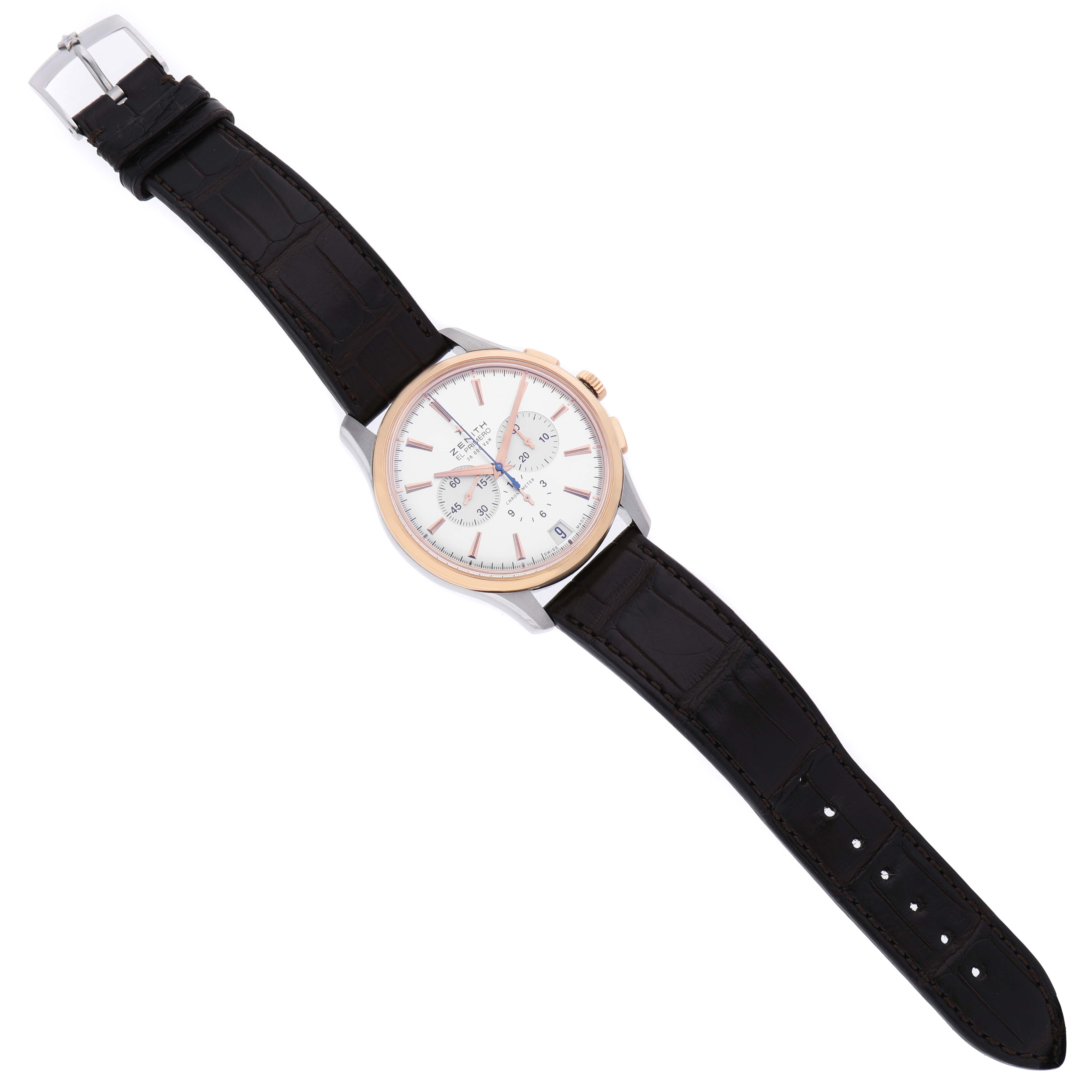 The image shows a Zenith El Primero 51.2112.400/01.C498 Men's Steel and Gold (two tone) Silver Dial watch from a top-down angle, displaying the face, case, strap, and buckle.