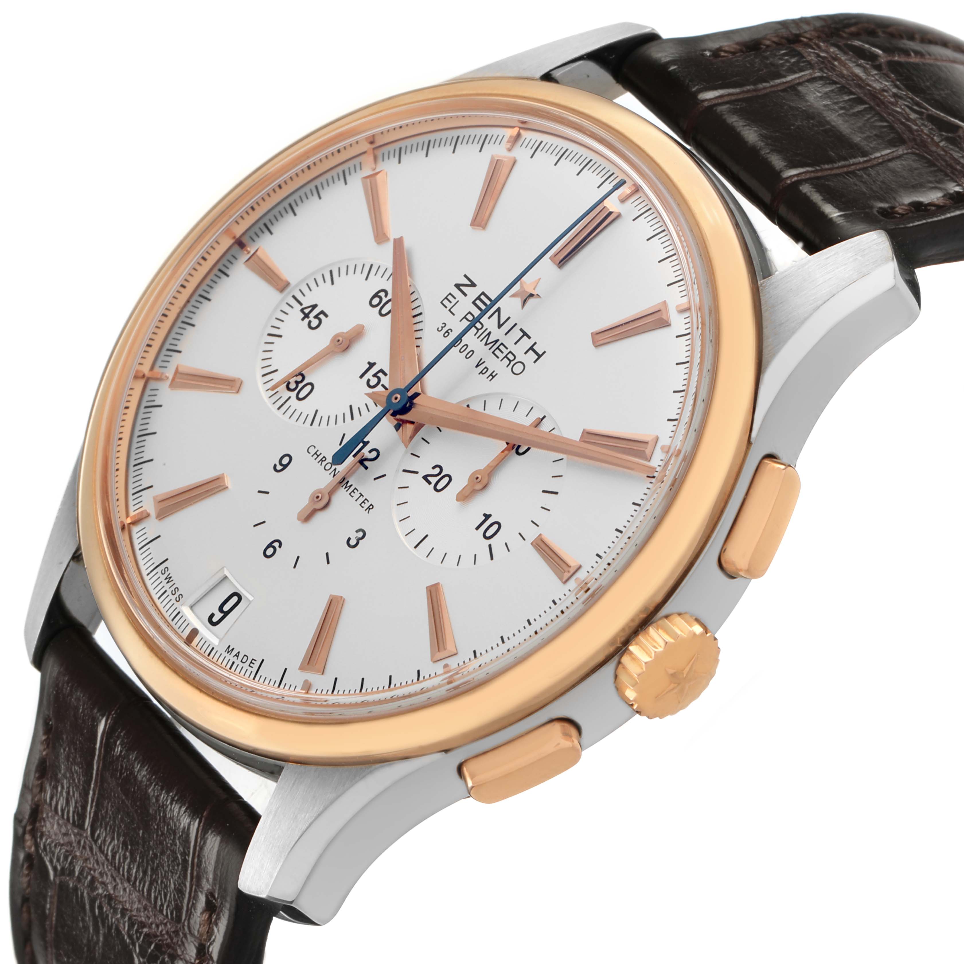 The Zenith El Primero 51.2112.400/01.C498 Men's Steel and Gold (two tone) Silver Dial watch is shown at a slight angle, featuring the face, case, crown, pushers, and strap.