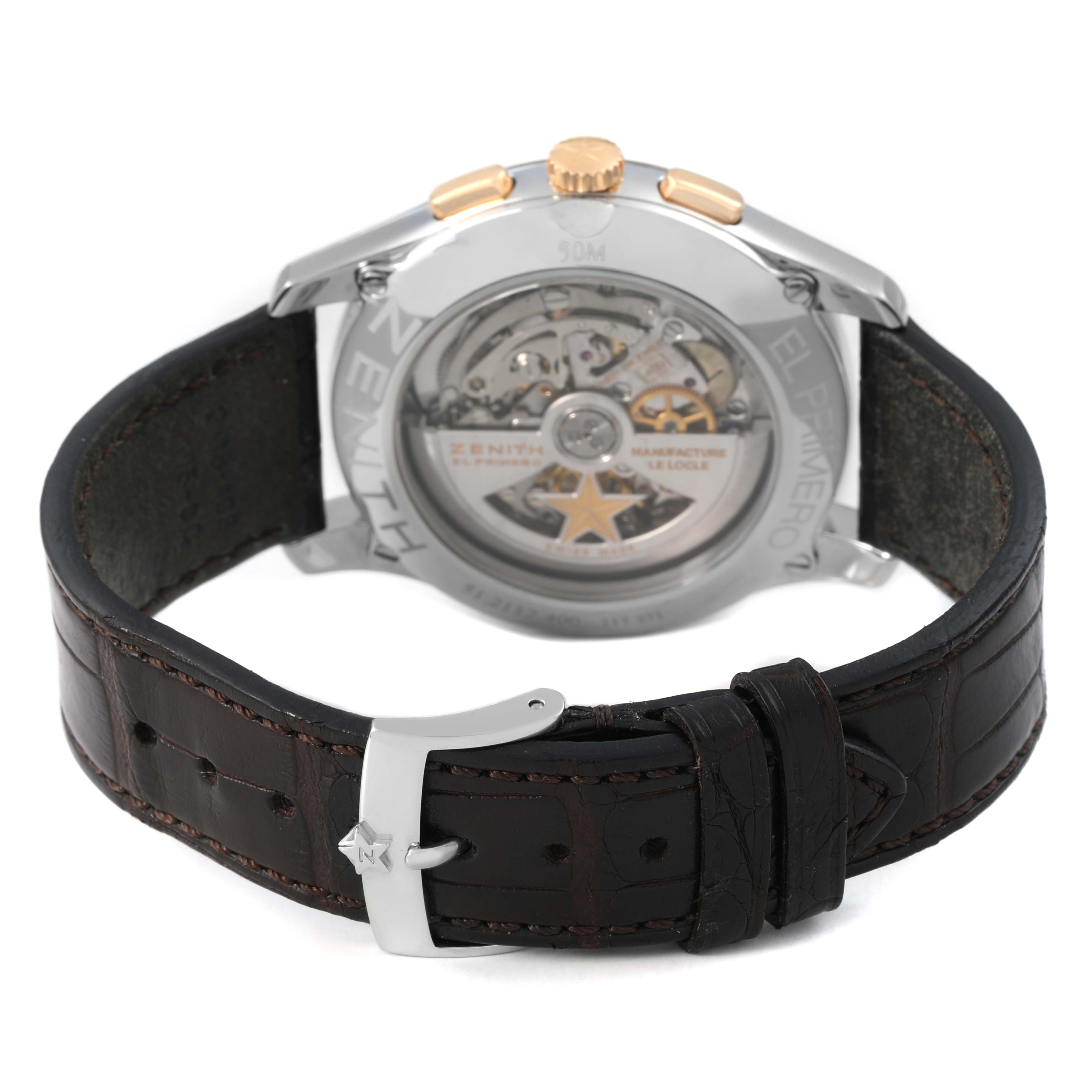 The image shows the back of the Zenith El Primero 51.2112.400/01.C498 Men's Steel and Gold (two tone) Silver Dial watch, highlighting its movement and leather strap.