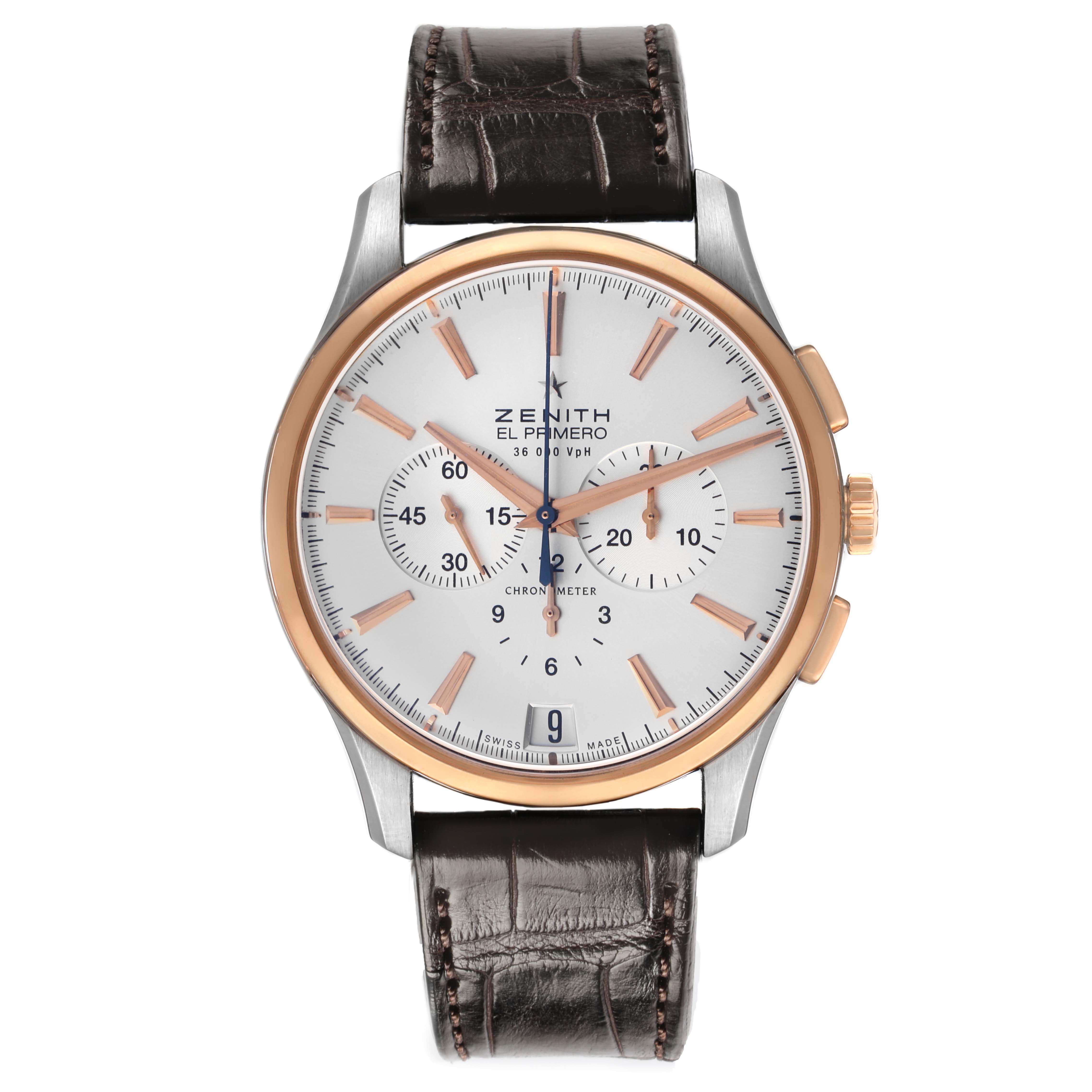 The Zenith El Primero 51.2112.400/01.C498 Men's Steel and Gold (two tone) Silver Dial watch is shown from the front, displaying its dial, subdials, case, and leather strap.