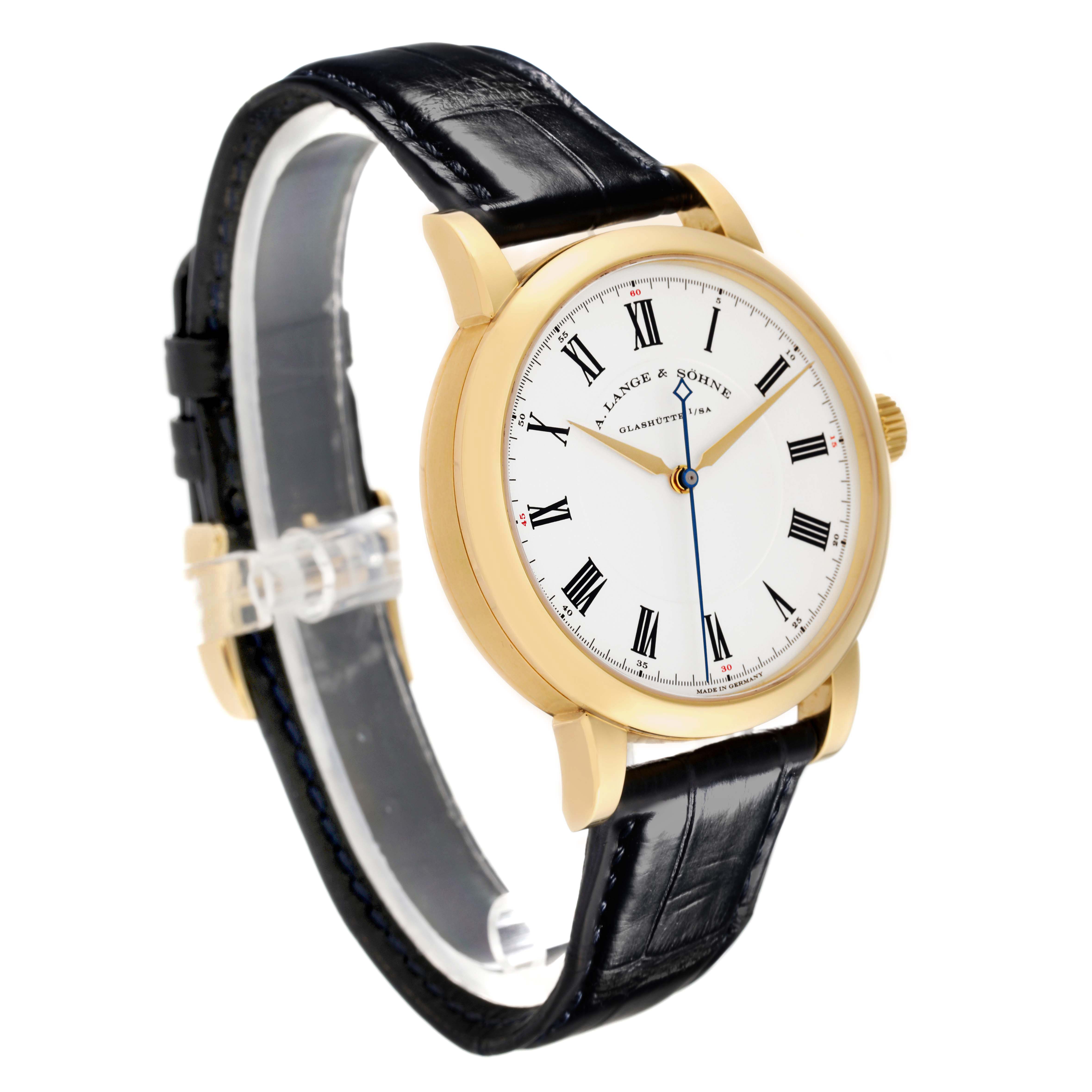 The Richard Lange by A. Lange & Sohne is shown at a slight angle, highlighting the dial, case, and strap.