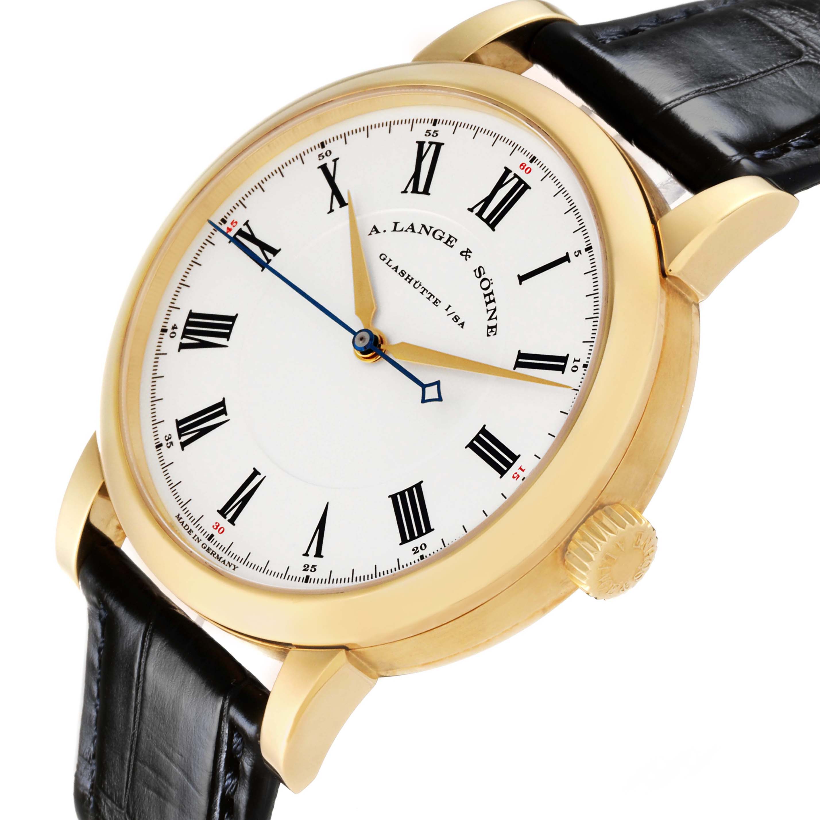 The A. Lange & Sohne Richard Lange 232.021/LS2321AD Men's Yellow Gold Silver Dial watch is shown at an angle highlighting the dial, crown, and leather strap.