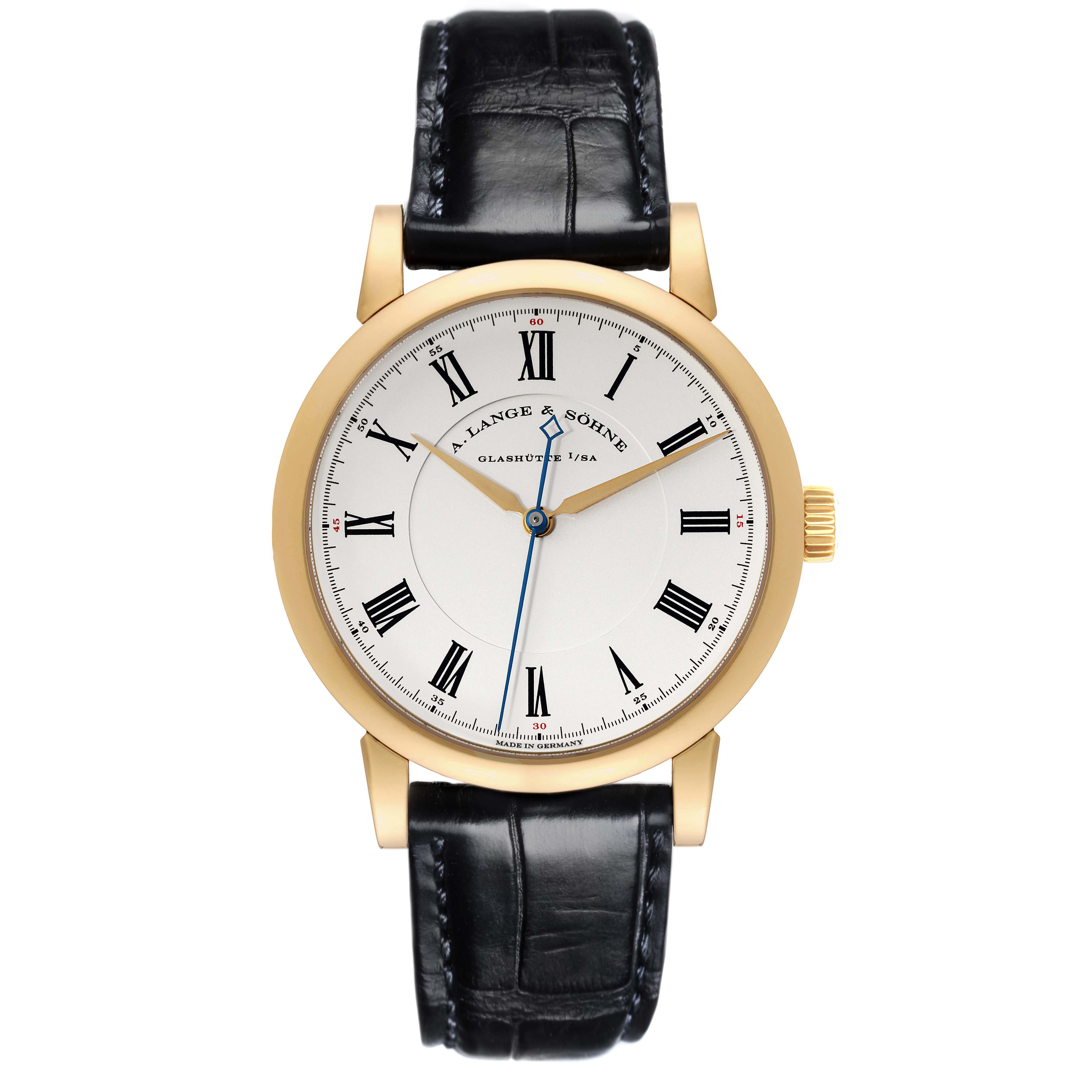 The A. Lange & Sohne Richard Lange 232.021/LS2321AD Men's Yellow Gold Silver Dial watch is shown from a front view, highlighting its dial, hands, and gold case with a black leather strap.