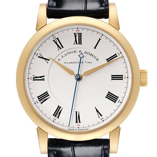 The Richard Lange by A. Lange & Söhne is shown from the front, featuring Roman numerals, hands, and the brand name on the dial.