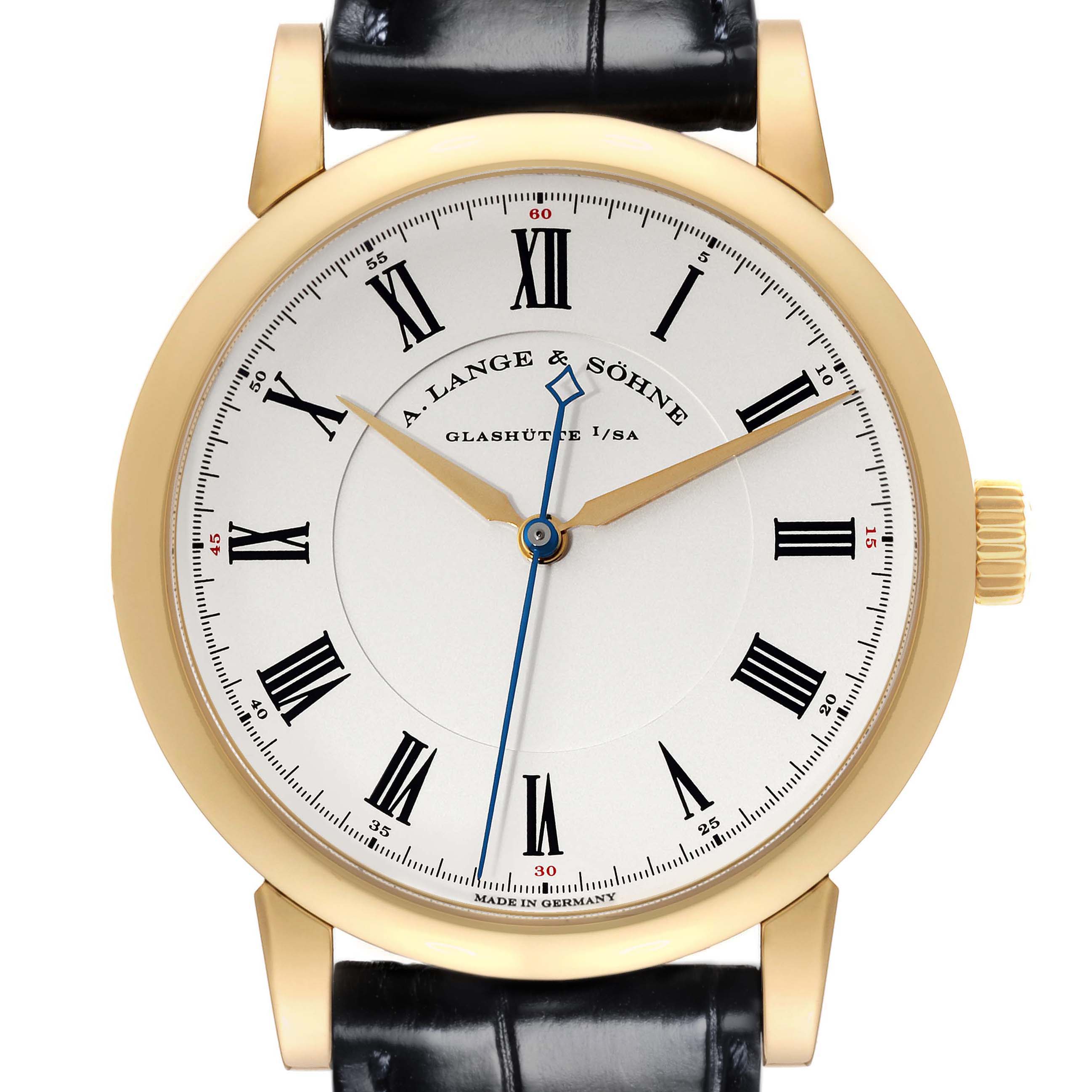 The image shows a front view of the A. Lange & Sohne Richard Lange 232.021/LS2321AD Men's Yellow Gold Silver Dial watch, highlighting its dial, hands, and bezel.