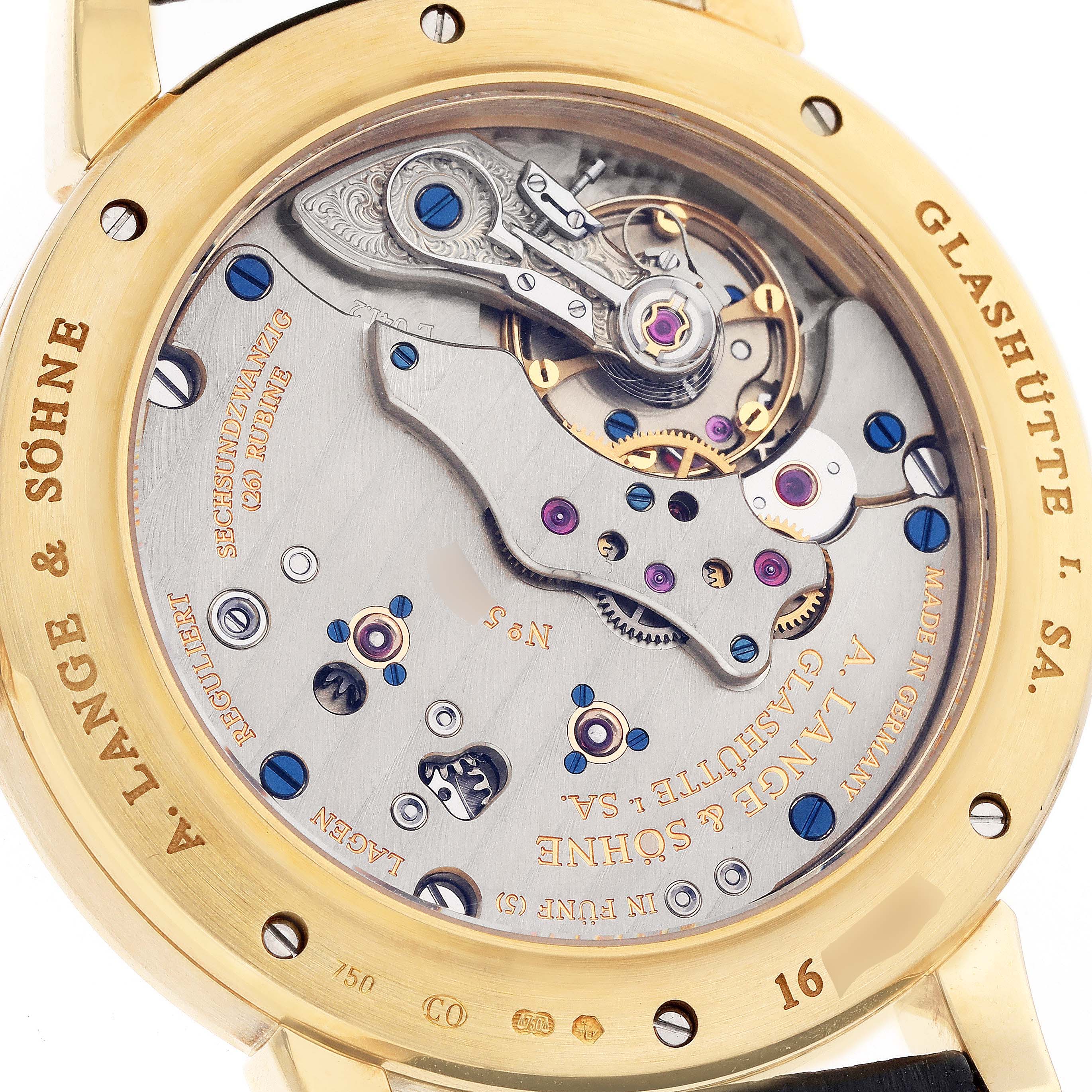 The image shows the back view of the Richard Lange model by A. Lange & Söhne, displaying its intricate mechanical movement.