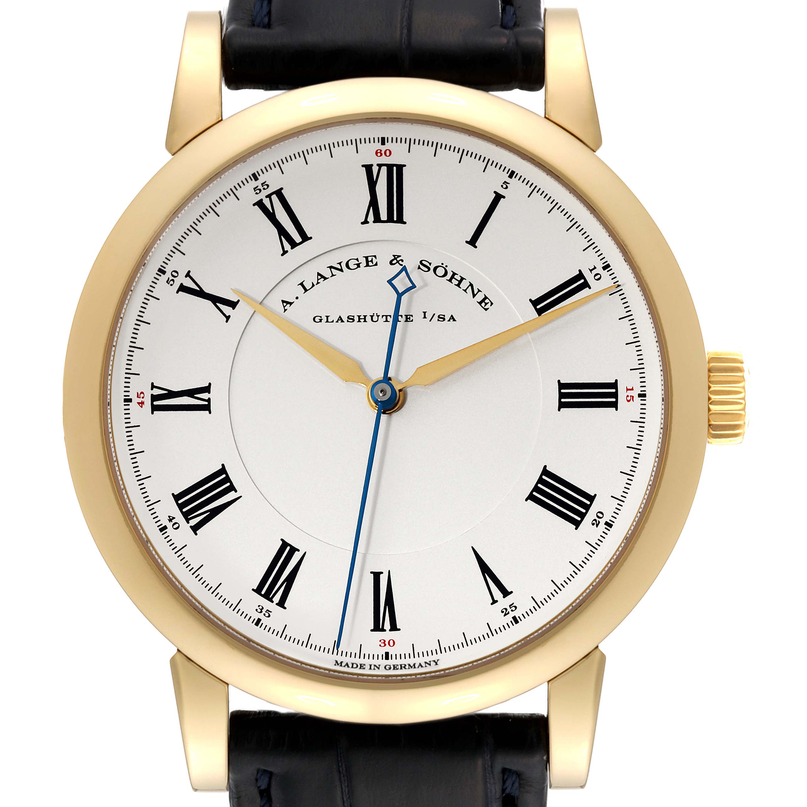 This image shows a front view of the A. Lange & Sohne Richard Lange 232.021/LS2321AD Men's Yellow Gold Silver Dial watch, displaying the dial, hands, markers, and crown.