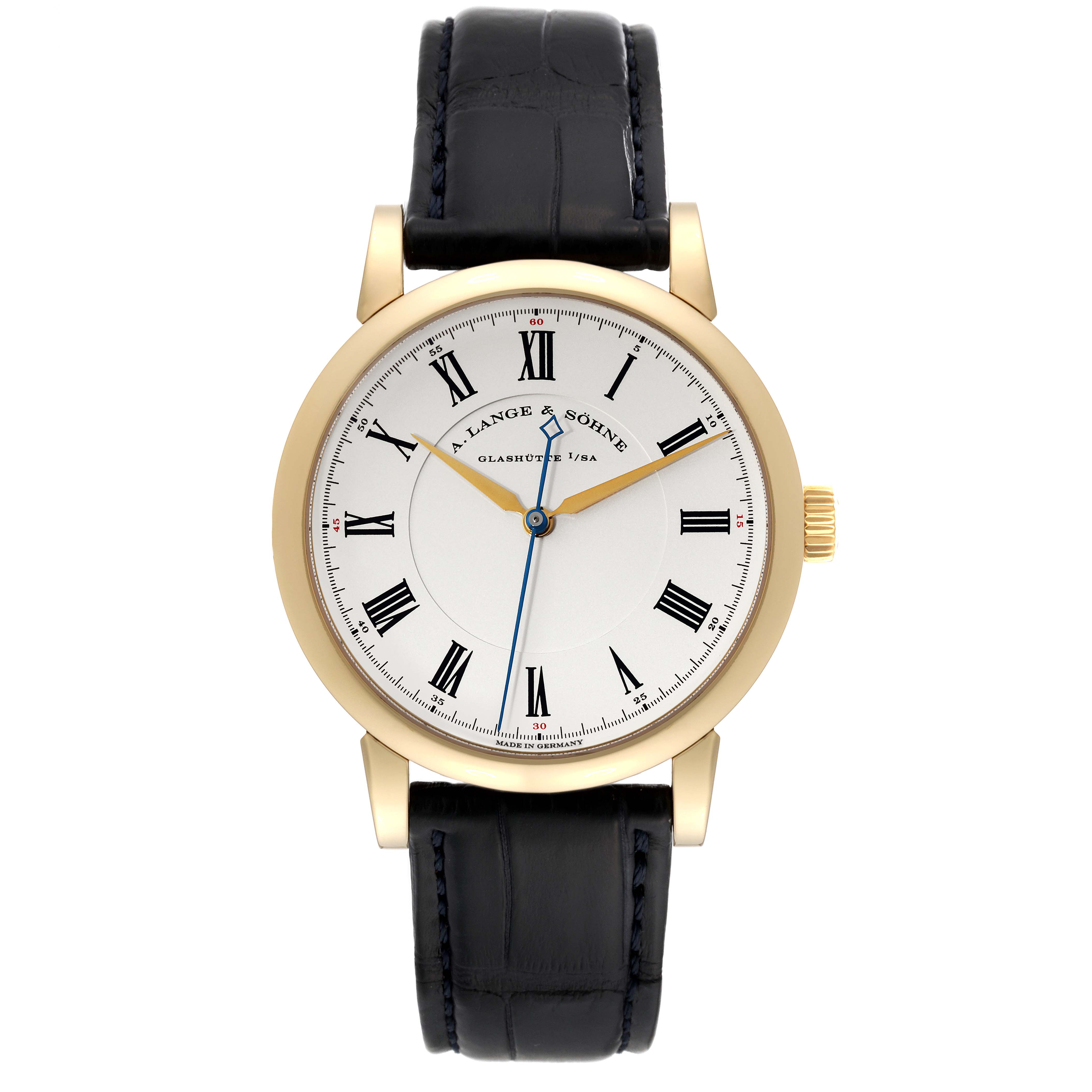 The image shows a front-facing view of the Richard Lange model by A. Lange & Söhne, displaying the watch face and leather strap.