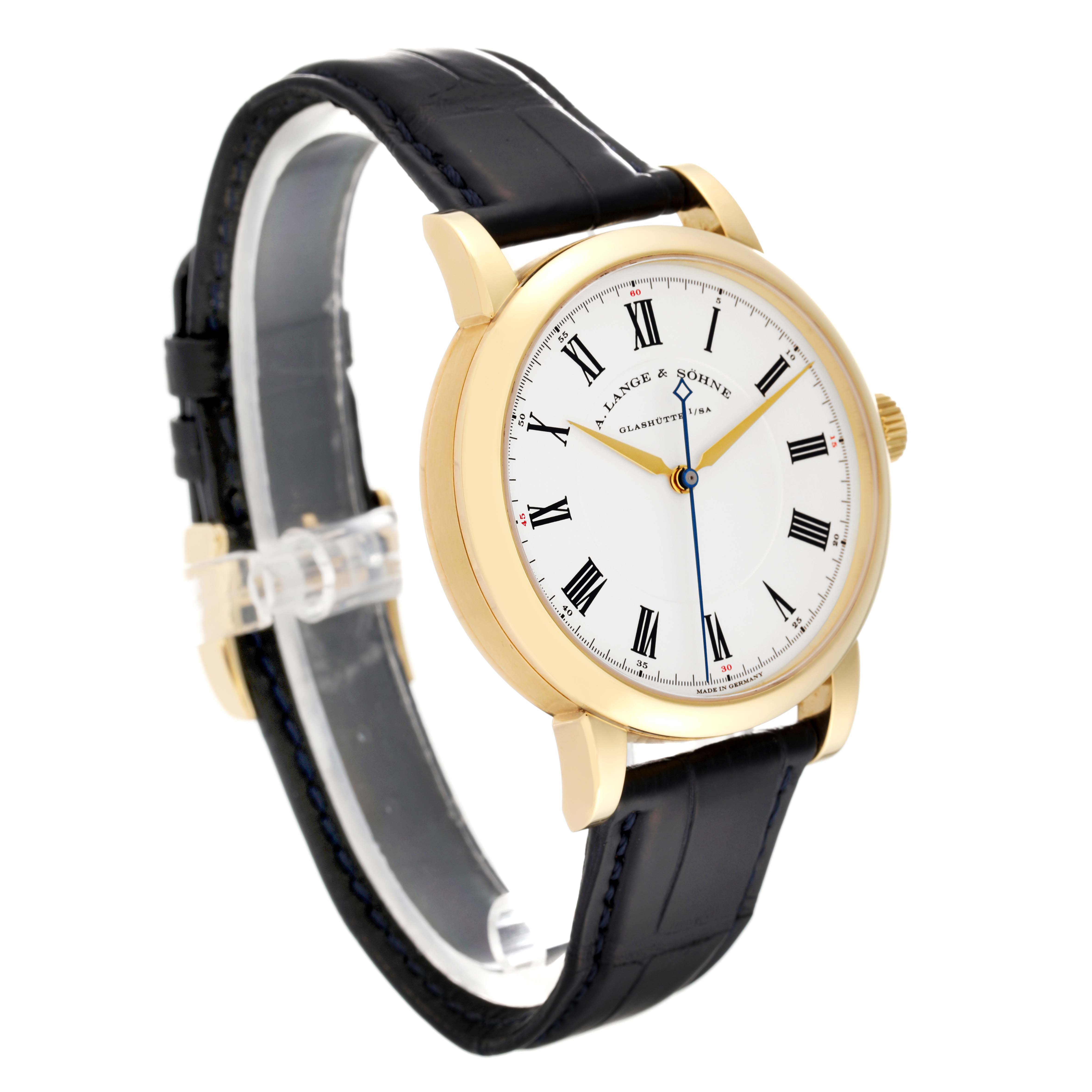 The Richard Lange model by A. Lange & Sohne is shown at a slight angle, highlighting the watch face, strap, and gold case.