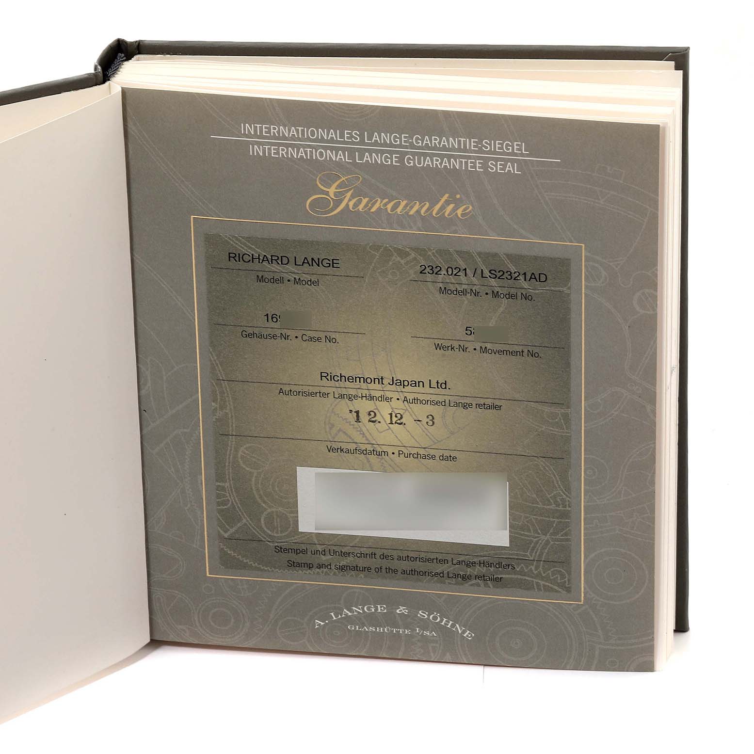 The image shows the warranty booklet for the Richard Lange model by A. Lange & Sohne, showcasing purchase details and serial numbers.