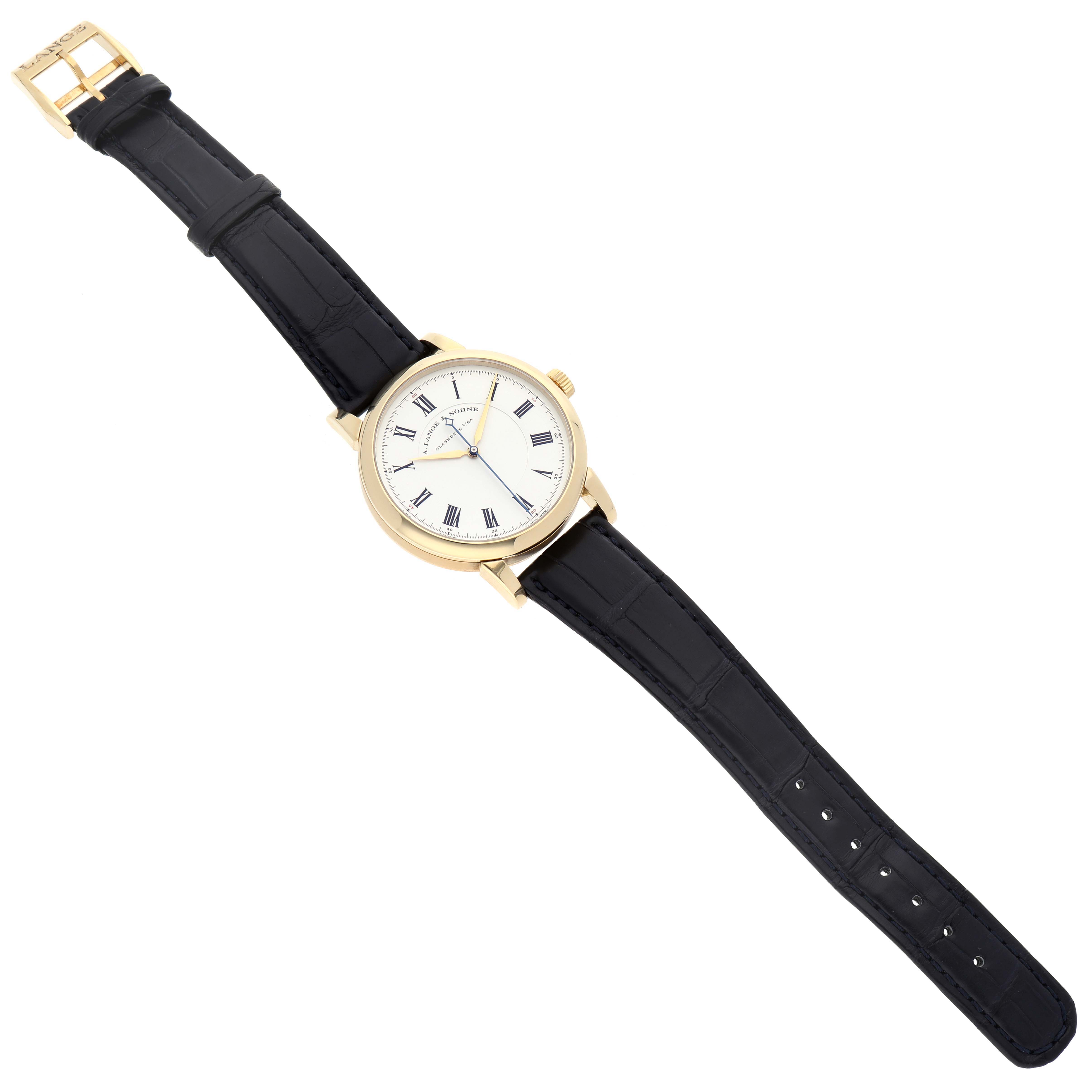 The image shows the front angle of a Richard Lange model watch by A. Lange & Söhne, including its face, case, crown, and black leather strap.