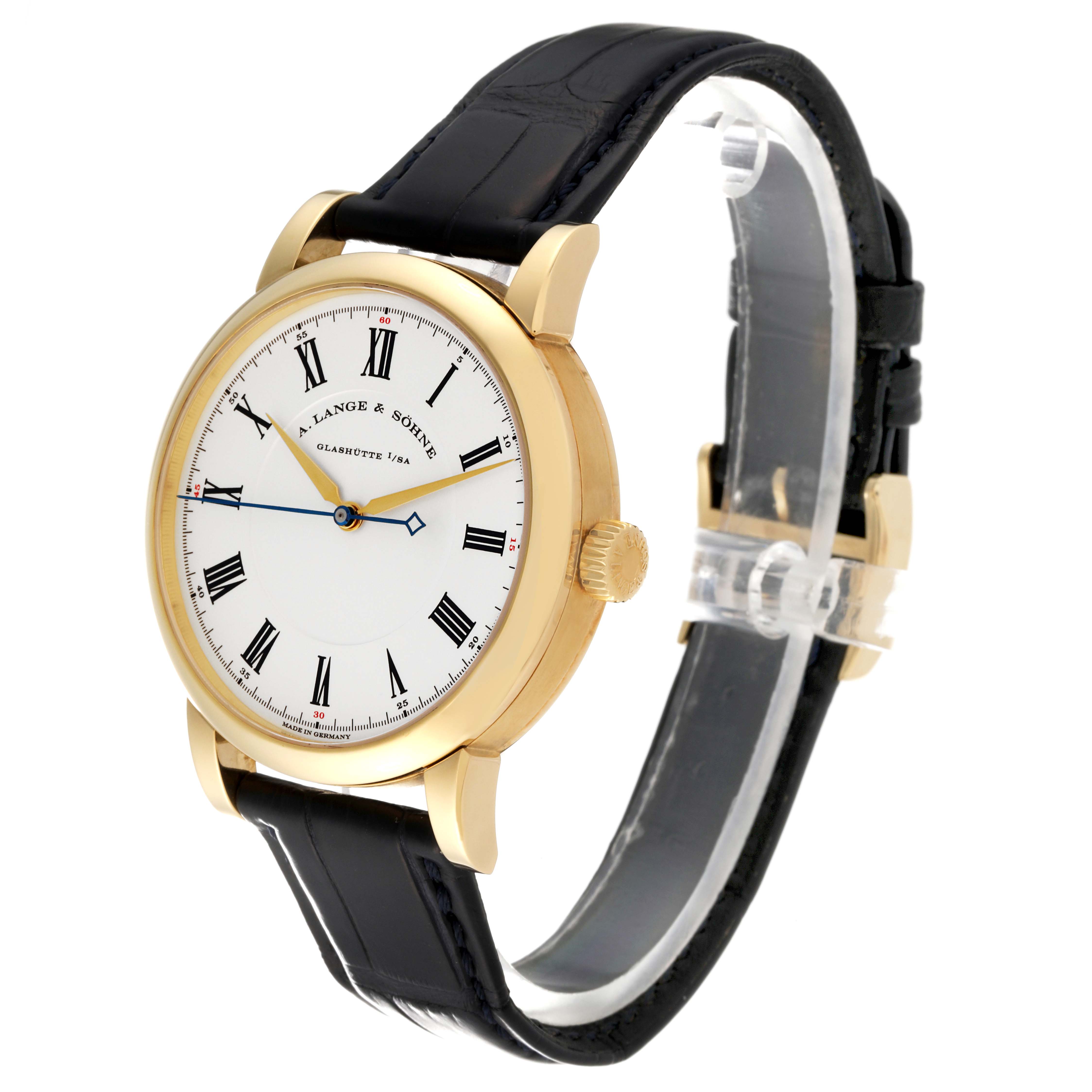 The image shows a Richard Lange model by A. Lange & Söhne at a slight left side angle, featuring its gold case, black leather strap, and white dial.