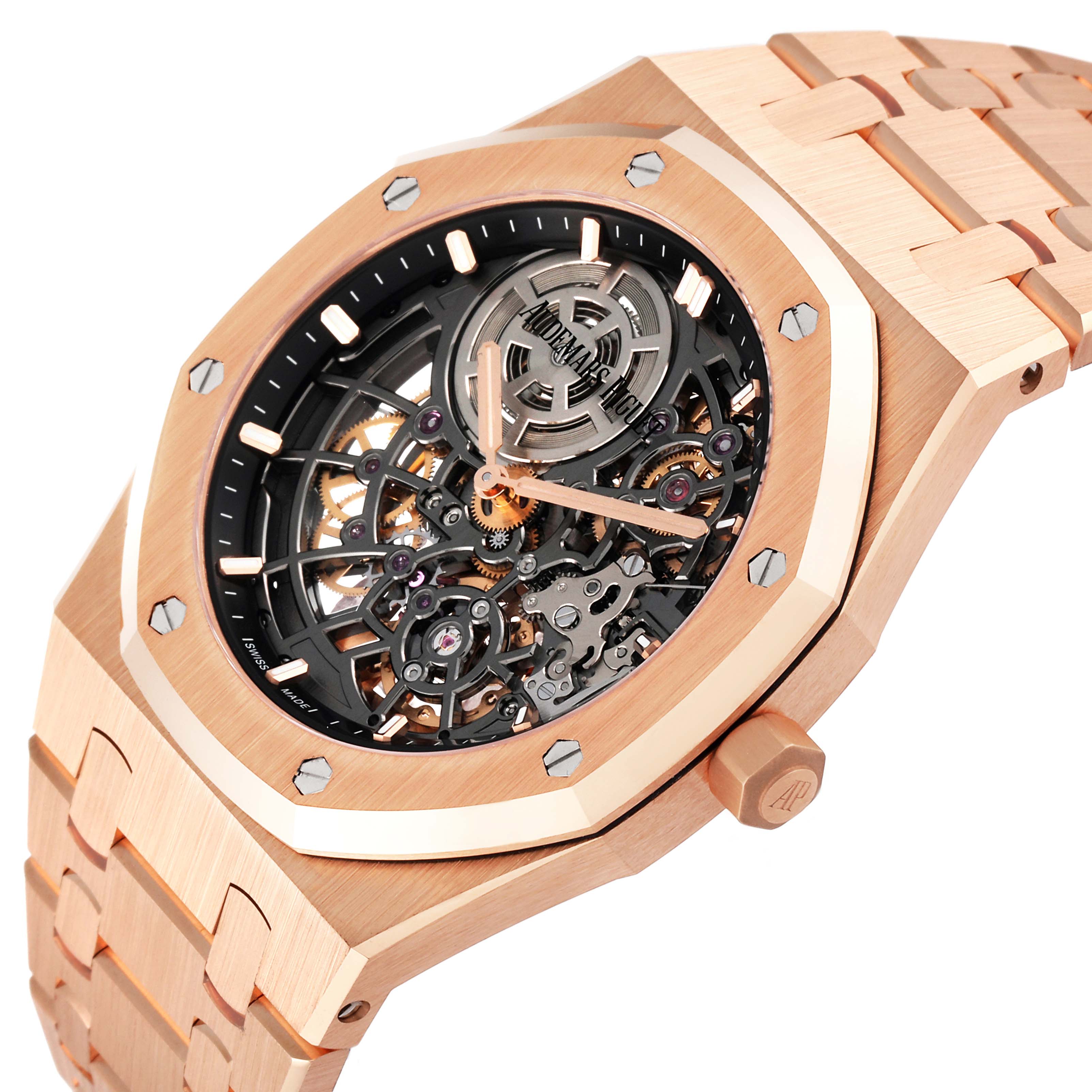 The image shows a side angle view of an Audemars Piguet Royal Oak 16204OR.OO.1240OR.01 Men's Rose Gold Grey Dial 16204OR.OO.1240OR.01 Men's Rose Gold Grey Dial, highlighting the skeleton dial and rose gold case and bracelet.