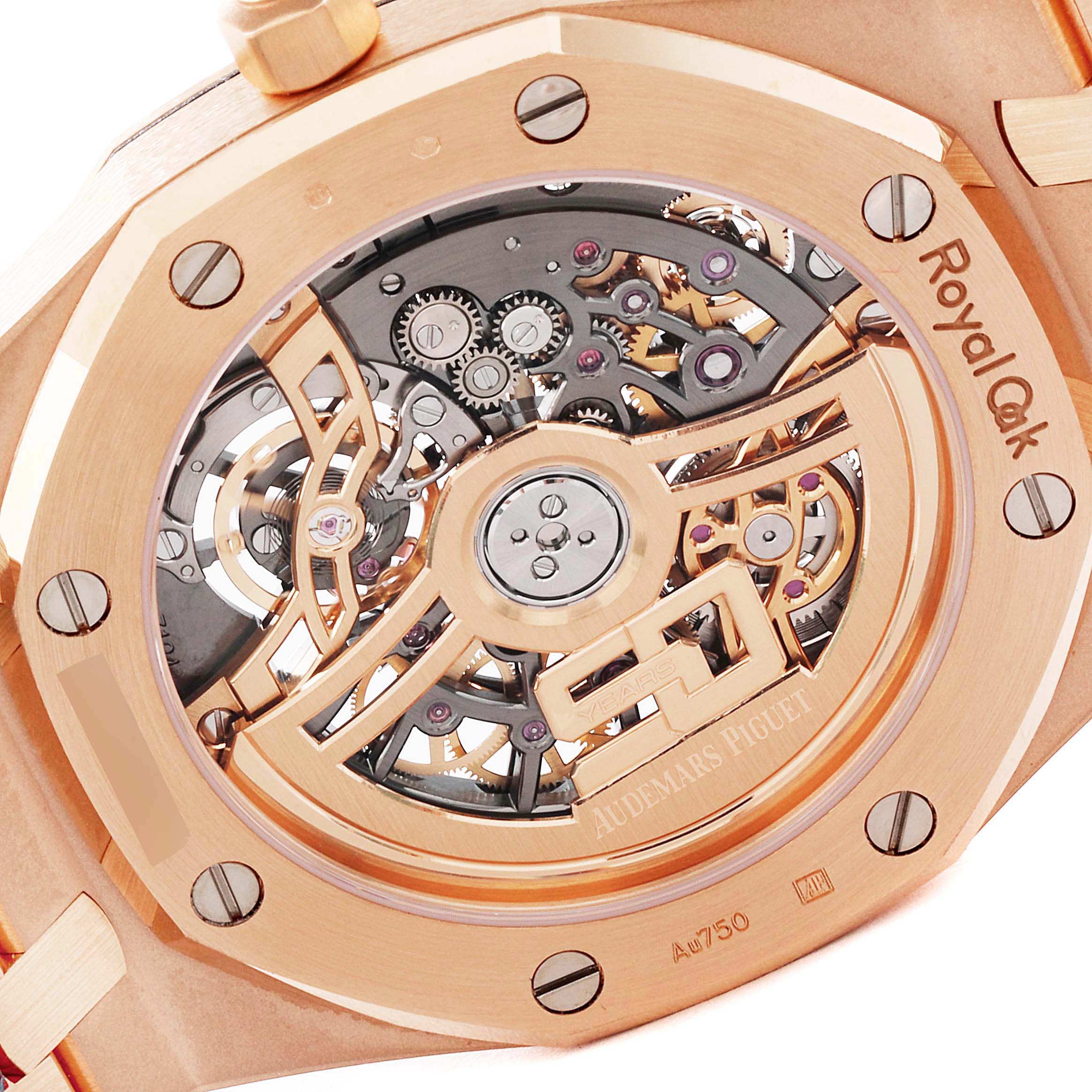 The image shows the back view of an Audemars Piguet Royal Oak 16204OR.OO.1240OR.01 Men's Rose Gold Grey Dial 16204OR.OO.1240OR.01 Men's Rose Gold Grey Dial watch, highlighting its intricate gear mechanism inside a rose gold case.
