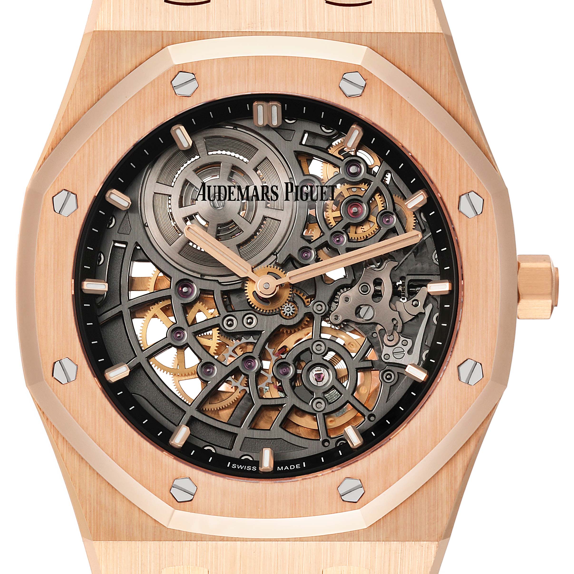 The image shows the front view of an Audemars Piguet Royal Oak 16204OR.OO.1240OR.01 Men's Rose Gold Grey Dial 16204OR.OO.1240OR.01 Men's Rose Gold Grey Dial watch, highlighting its intricate skeleton dial and rose gold case.