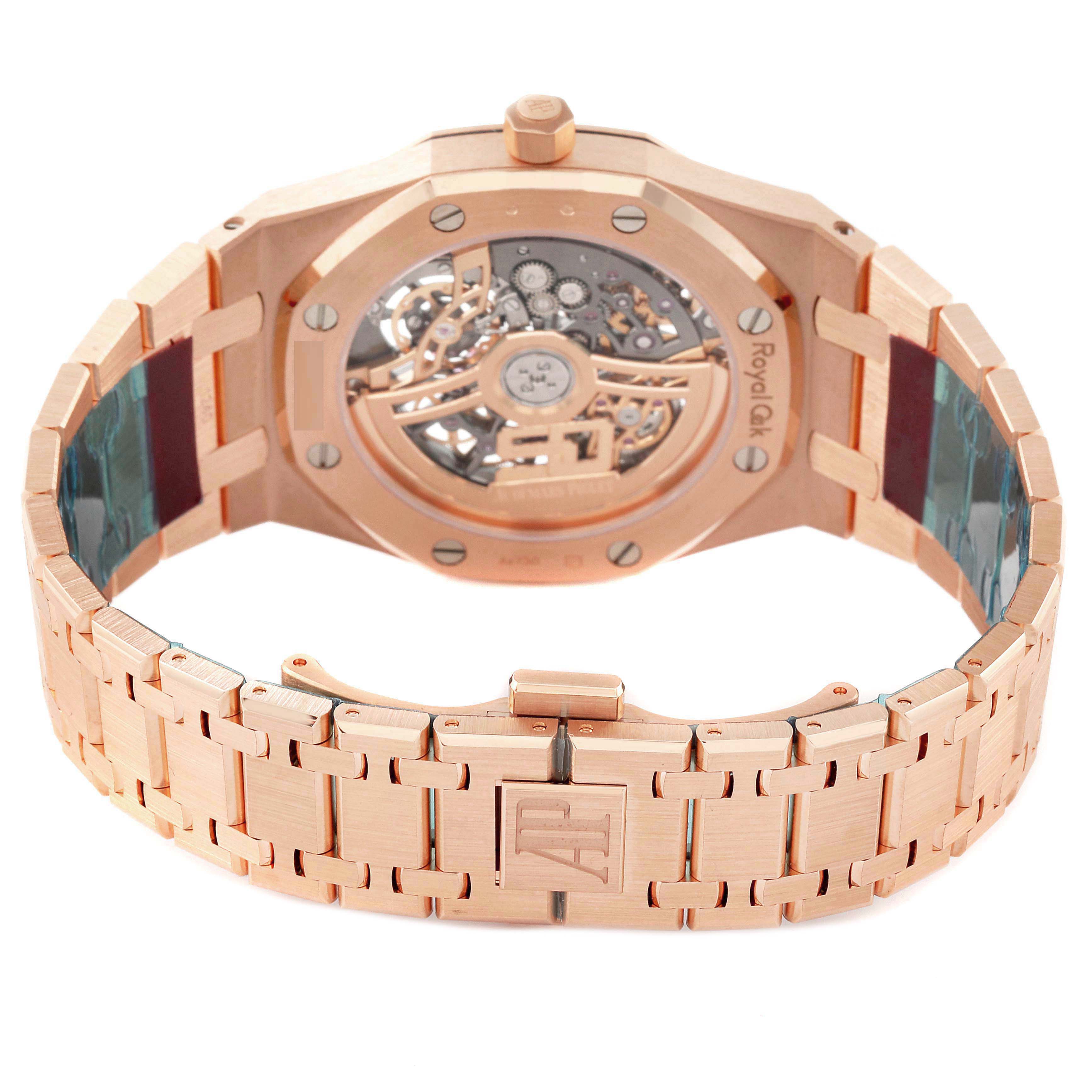 This image shows the back view of an Audemars Piguet Royal Oak 16204OR.OO.1240OR.01 Men's Rose Gold Grey Dial 16204OR.OO.1240OR.01 Men's Rose Gold Grey Dial watch, highlighting its movement and bracelet.