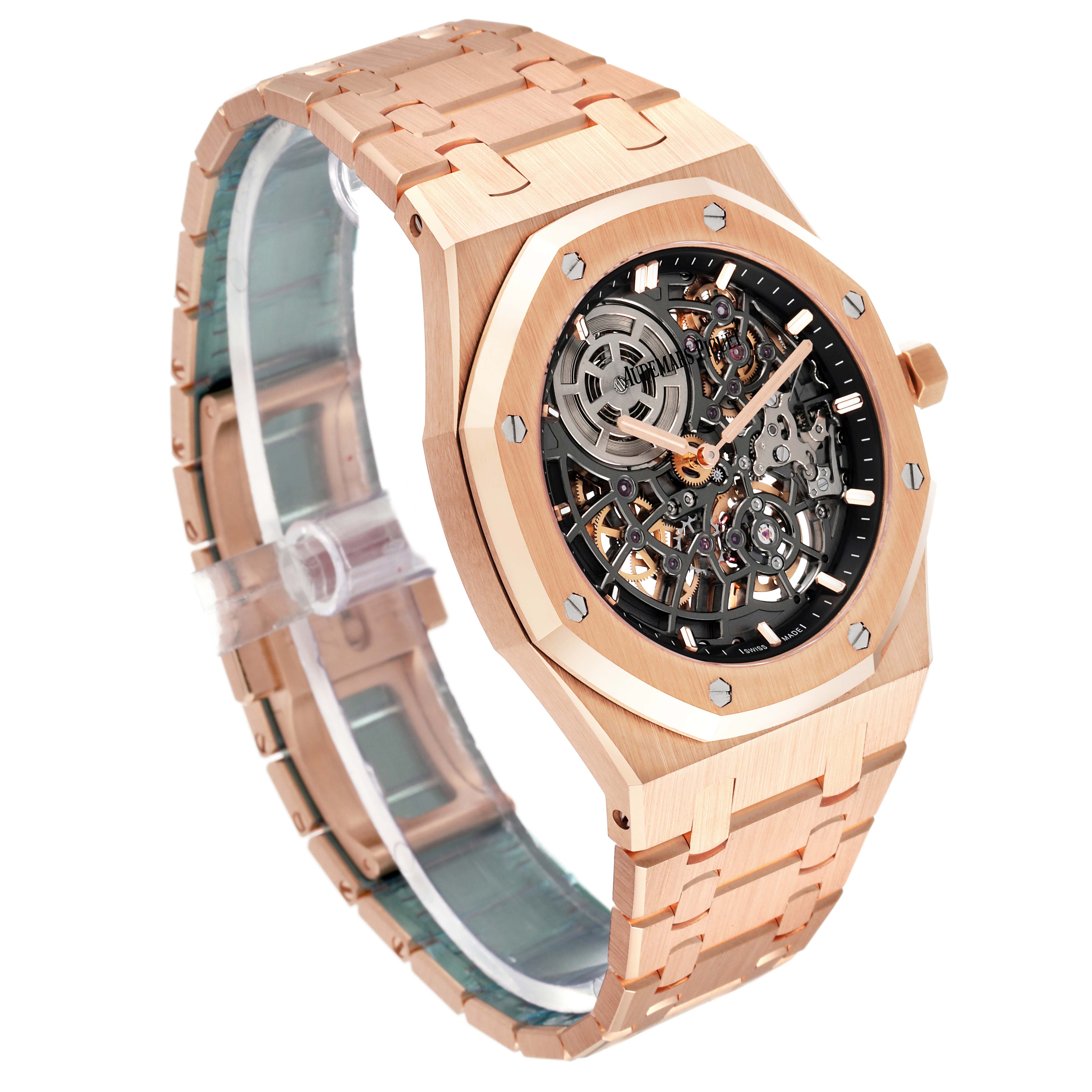 The watch displayed is a Royal Oak model by Audemars Piguet, shown at a three-quarter angle highlighting its skeleton dial and bracelet.