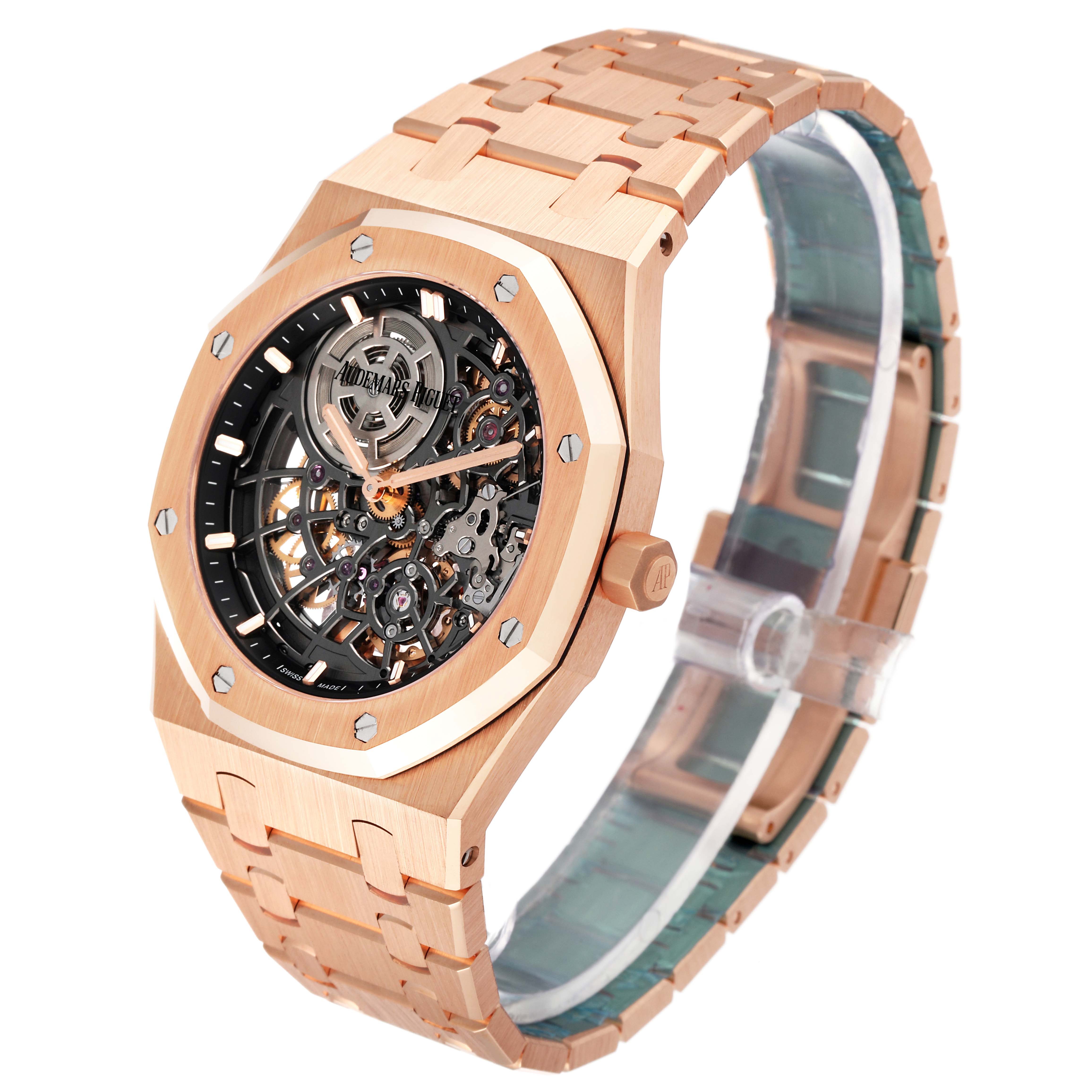 This image shows a side-angle view of an Audemars Piguet Royal Oak 16204OR.OO.1240OR.01 Men's Rose Gold Grey Dial 16204OR.OO.1240OR.01 Men's Rose Gold Grey Dial watch featuring a rose gold case and skeleton dial.