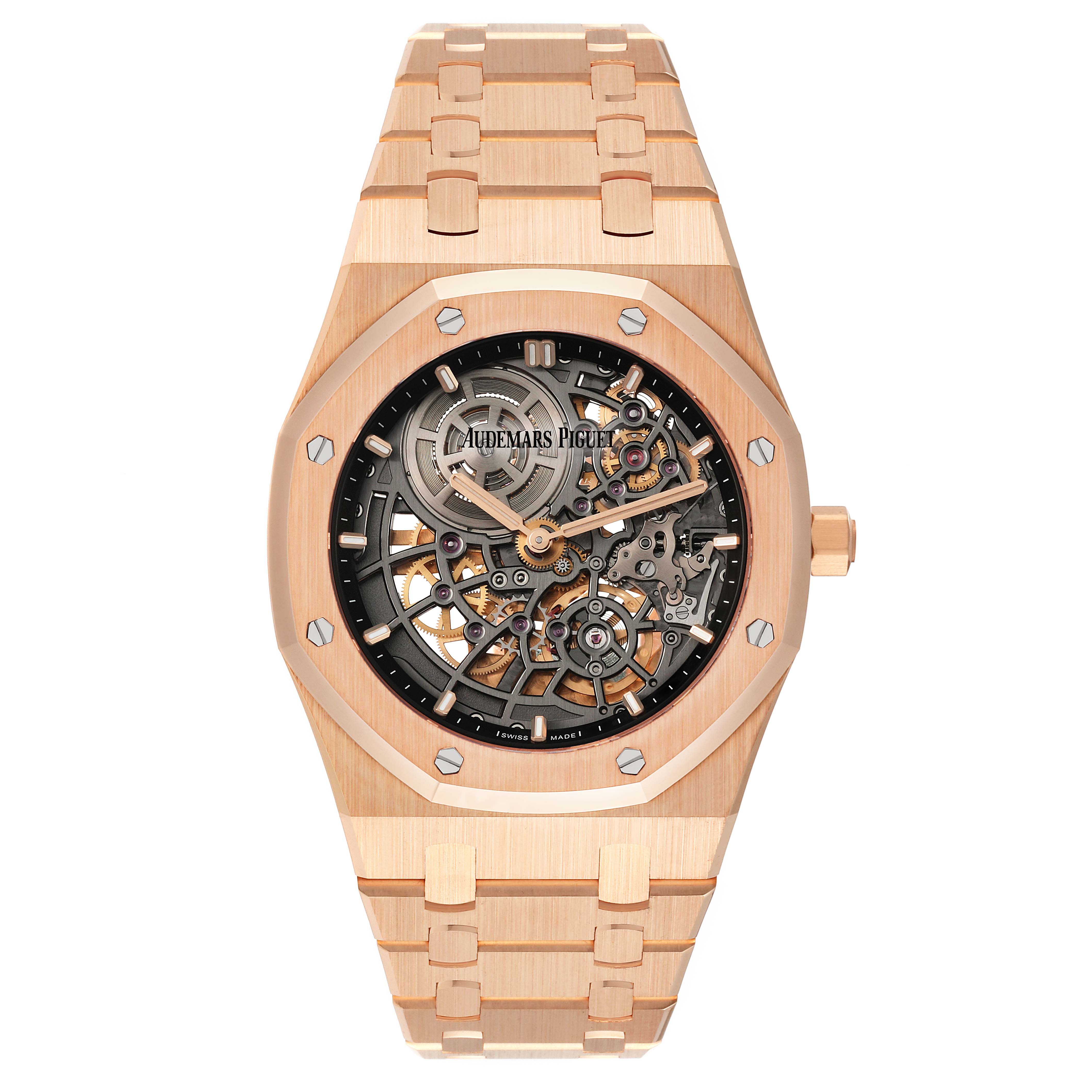 The image shows a front view of the Audemars Piguet Royal Oak 16204OR.OO.1240OR.01 Men's Rose Gold Grey Dial 16204OR.OO.1240OR.01 Men's Rose Gold Grey Dial watch, highlighting its skeleton dial and rose gold bracelet.