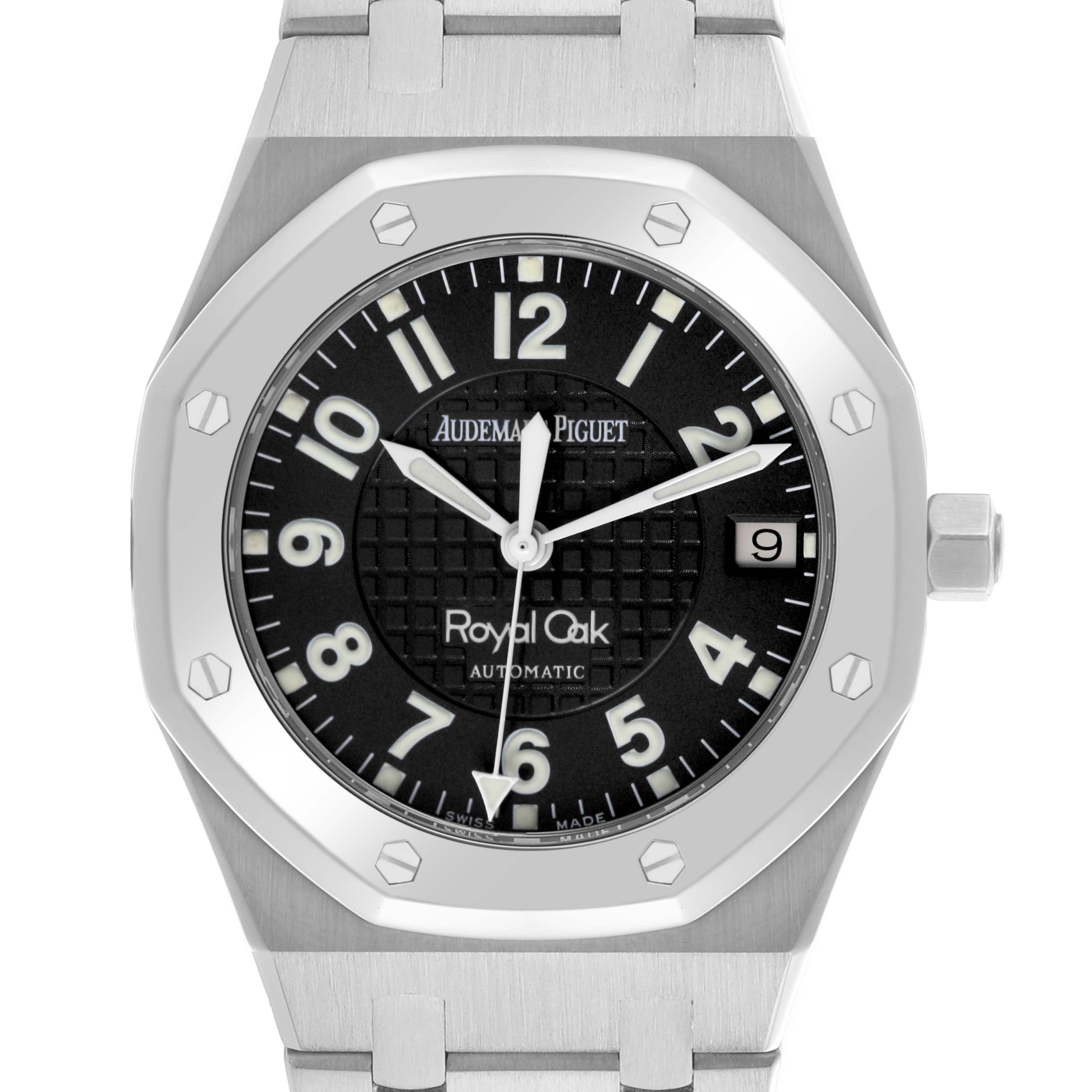 The image shows a front view of an Audemars Piguet Royal Oak 15190SP.O.0789ST.01 Men's Stainless Steel Black Dial 15190SP.O.0789ST.01 Men's Stainless Steel Black Dial watch, displaying the bezel, dial, hands, and part of the bracelet.