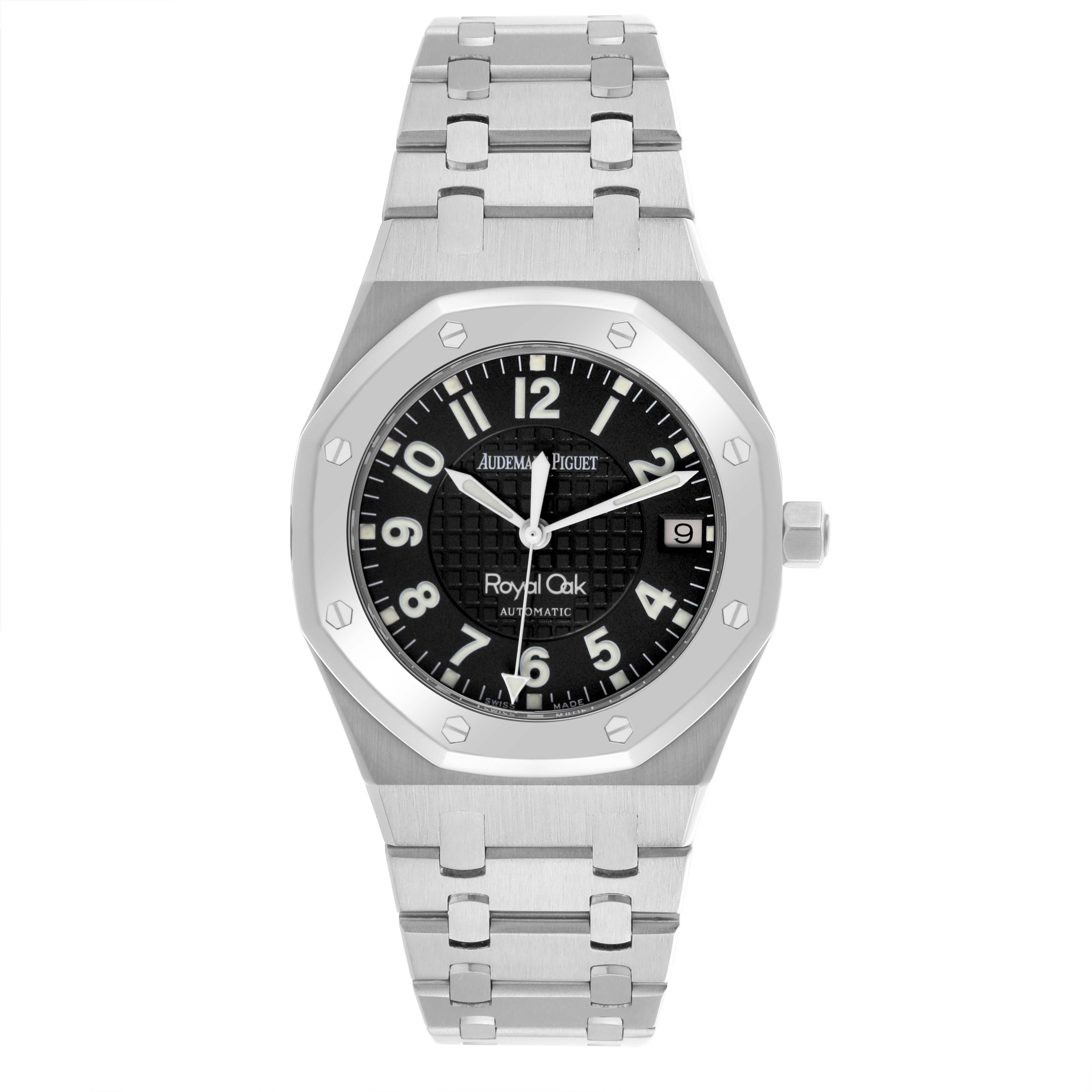 The Audemars Piguet Royal Oak 15190SP.O.0789ST.01 Men's Stainless Steel Black Dial 15190SP.O.0789ST.01 Men's Stainless Steel Black Dial watch is shown from the front, highlighting the dial, bezel, crown, and bracelet.