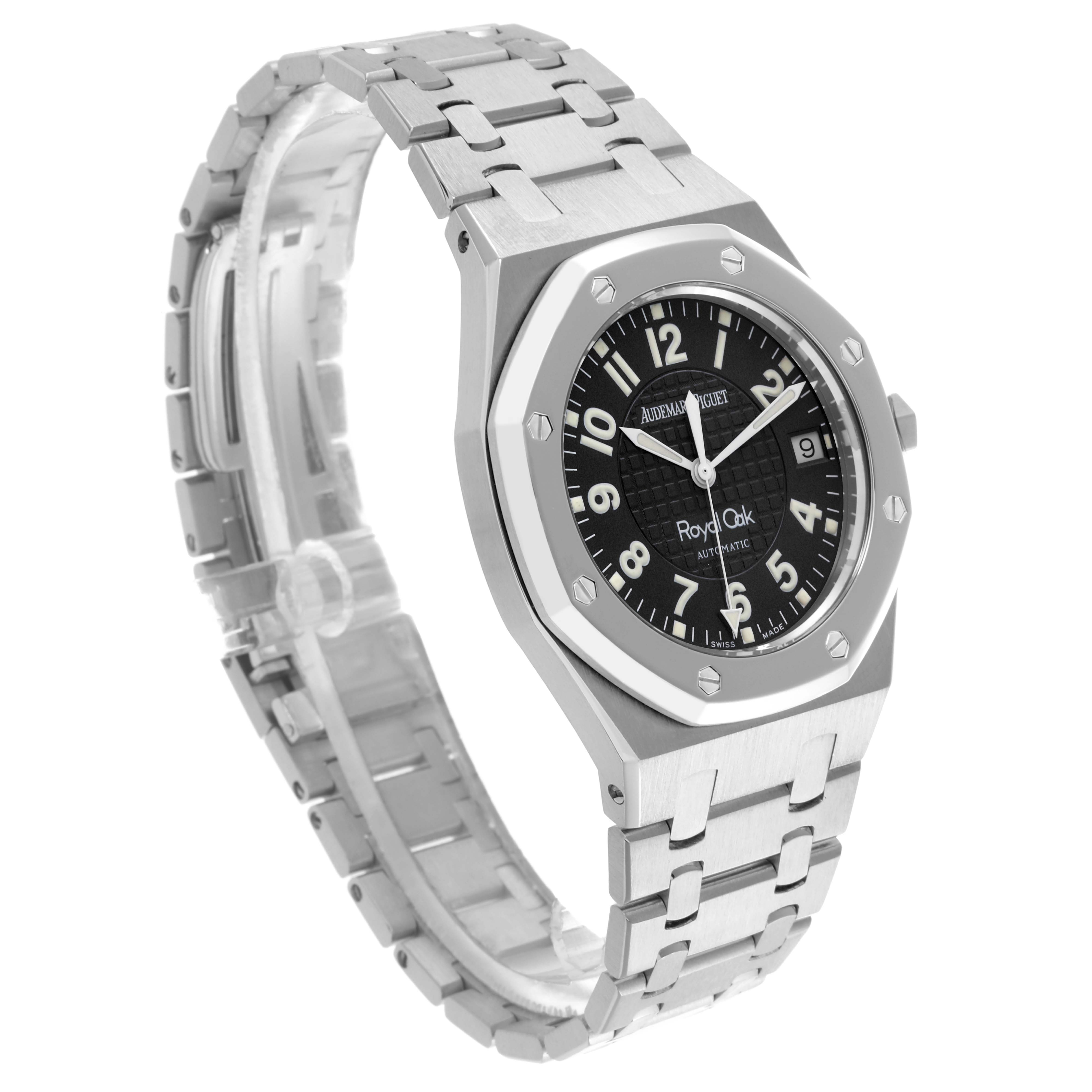 The Audemars Piguet Royal Oak 15190SP.O.0789ST.01 Men's Stainless Steel Black Dial 15190SP.O.0789ST.01 Men's Stainless Steel Black Dial watch is shown at a three-quarter angle, highlighting the bezel, dial, and bracelet.