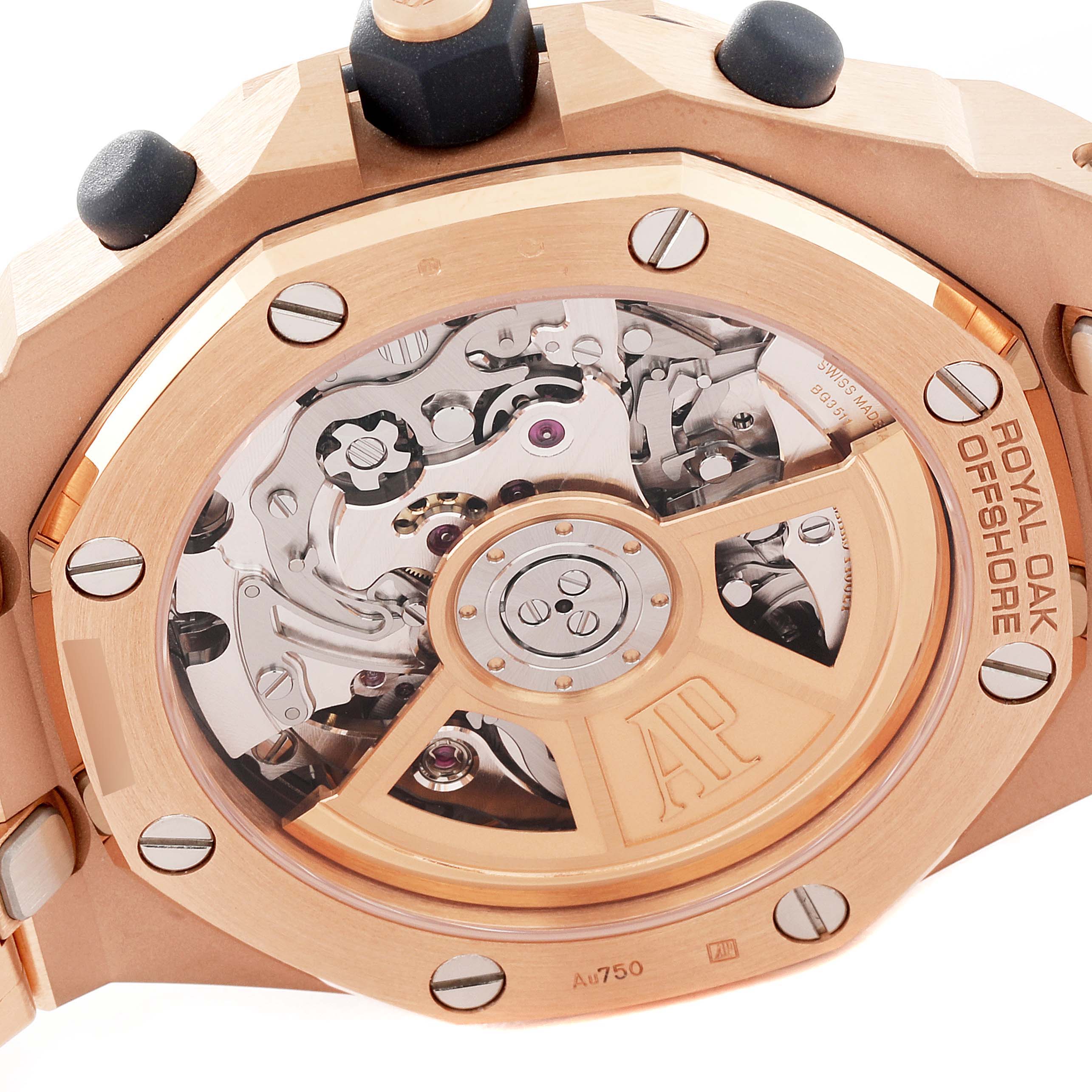 The image shows the case back view of the Audemars Piguet Royal Oak Offshore 26238OR.OO.2000OR.01 Men's Rose Gold Blue Dial 26238OR.OO.2000OR.01 Men's Rose Gold Blue Dial watch, highlighting its movement and rotor.