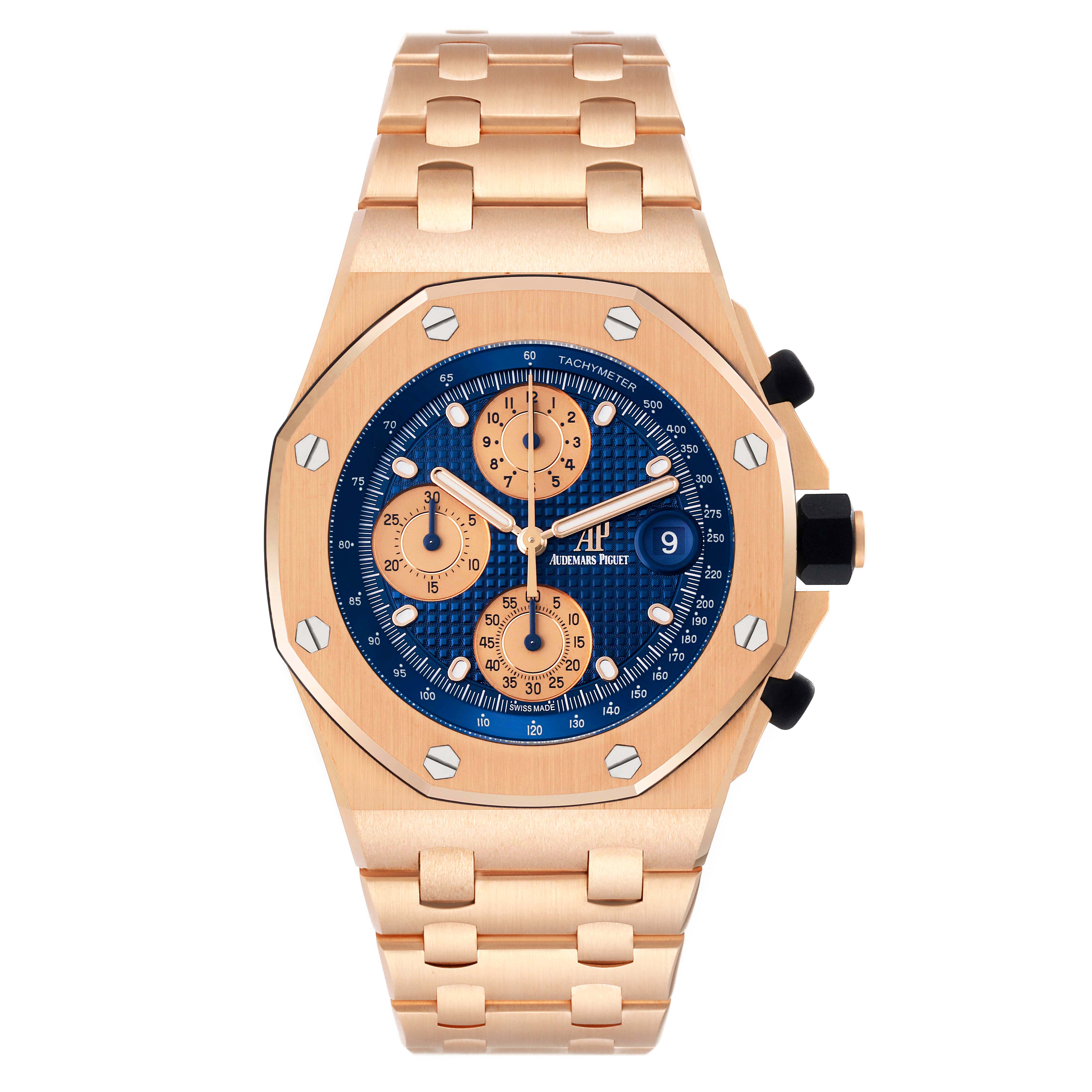 The image shows a front view of the Audemars Piguet Royal Oak Offshore 26238OR.OO.2000OR.01 Men's Rose Gold Blue Dial 26238OR.OO.2000OR.01 Men's Rose Gold Blue Dial watch, highlighting its dial, bezel, and bracelet.